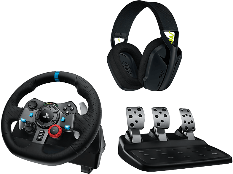 Volante - Logitech G G29 + Auriculares gaming G435, Force Feedback, Pedales, PS5, PS4, PC, Micrófono, Bluetooth, Inalámbricos, Negro