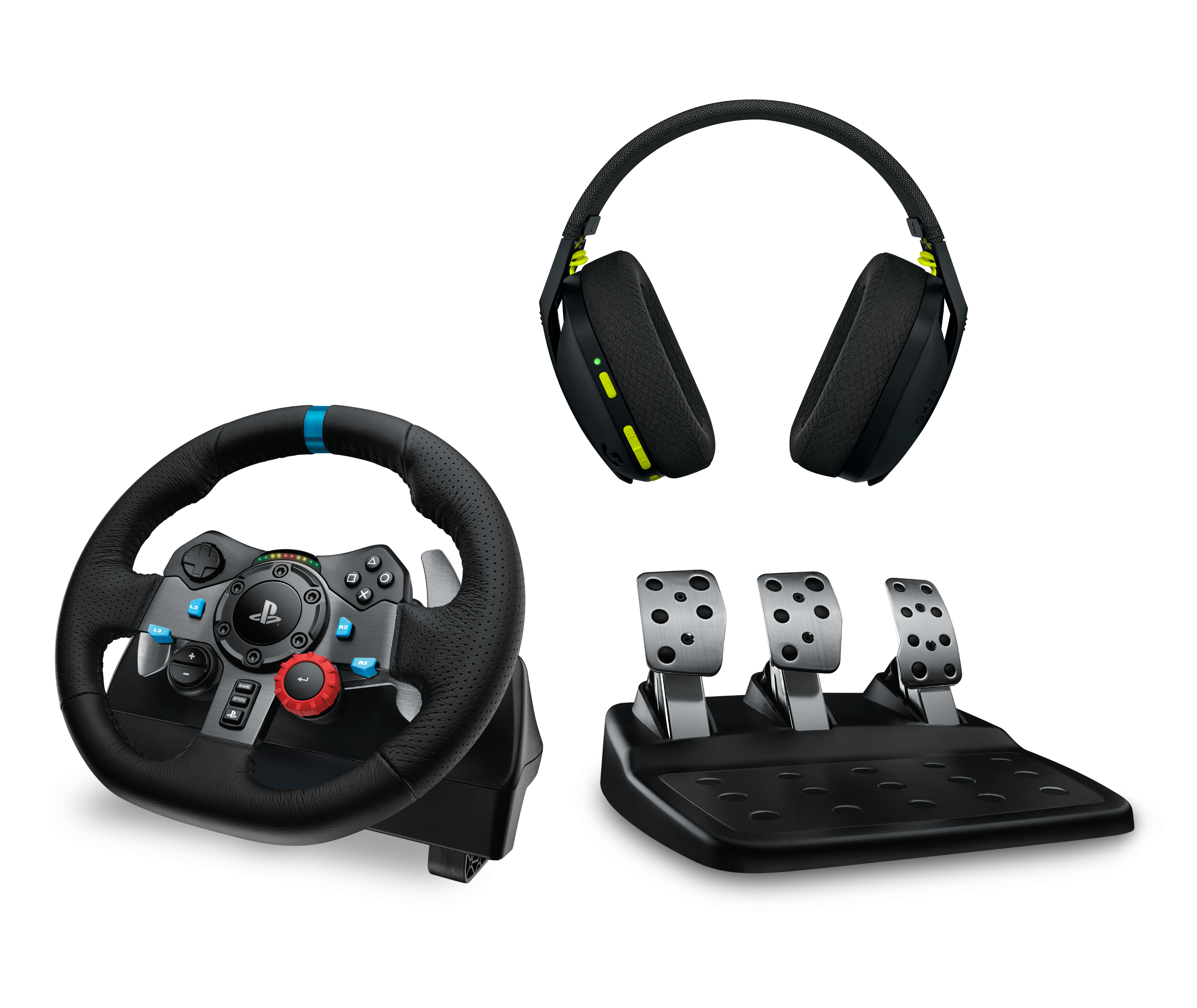 Una configuración de juego con volante, pedales y auriculares, todo negro.