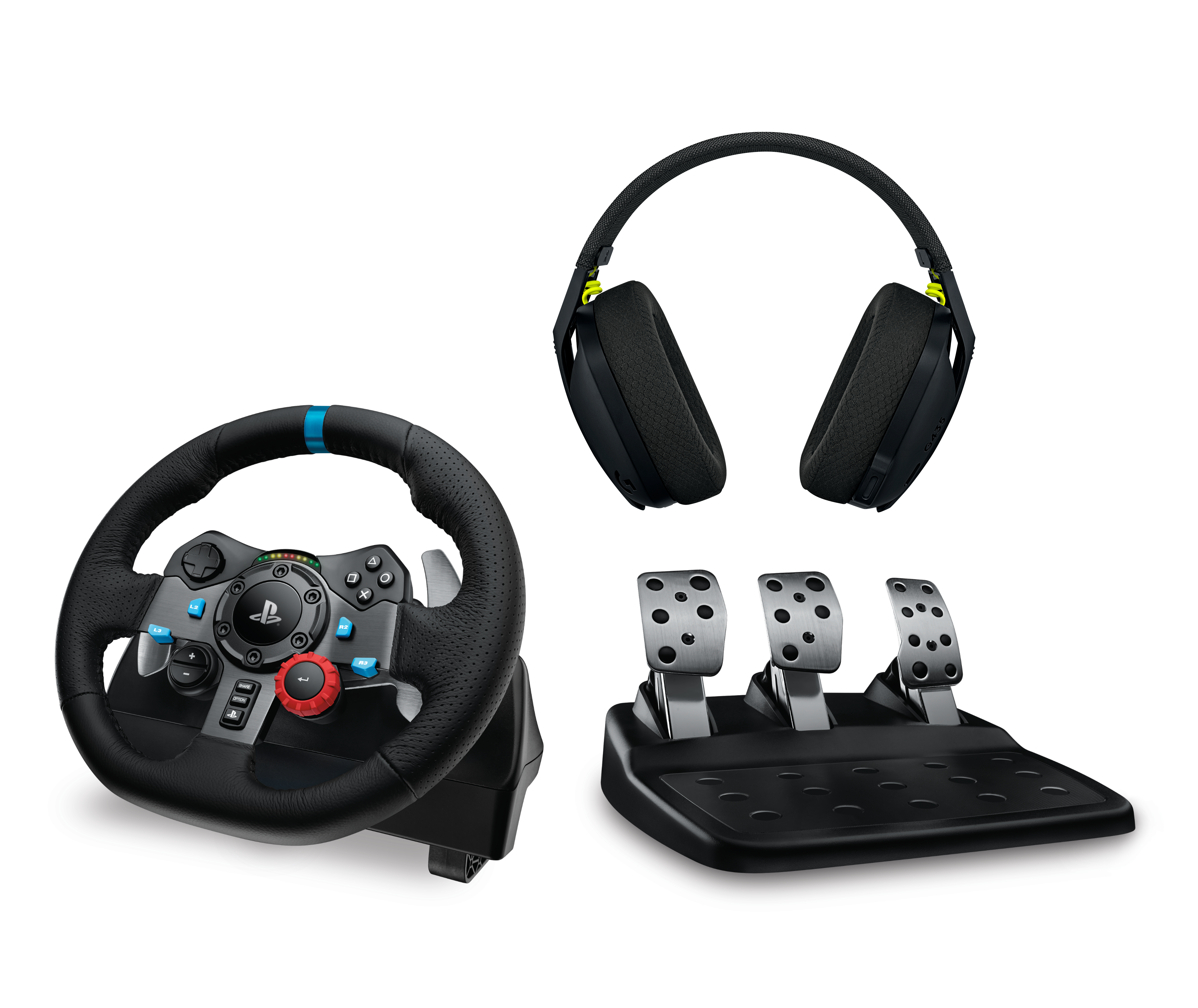 Configuración de juego: volante, pedales y auriculares. Todo negro con detalles azules y verdes.