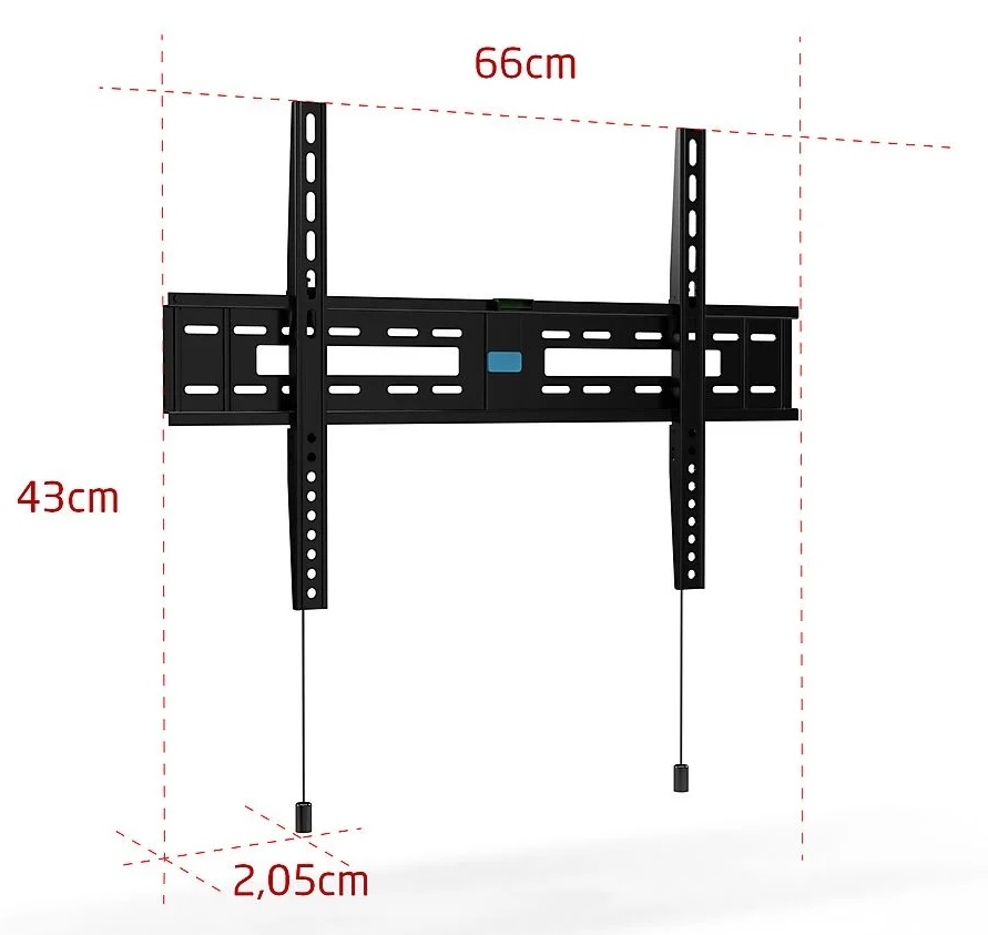 Czarny uchwyt TV z wymiarami. Czarny i niebieski prostokąt pośrodku.