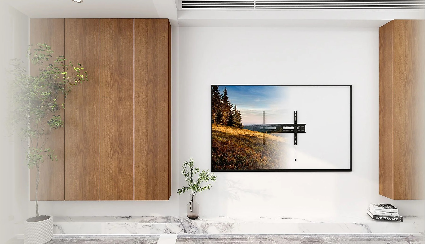 Telewizor na ścianie z krajobrazem, obok drewnianych szafek.