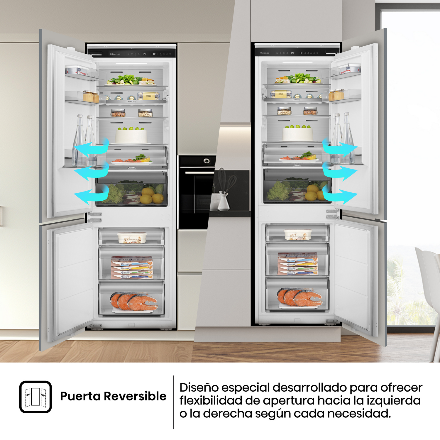 Dos refrigeradores con puertas abiertas, mostrando contenido. El texto explica el diseño de puerta reversible.