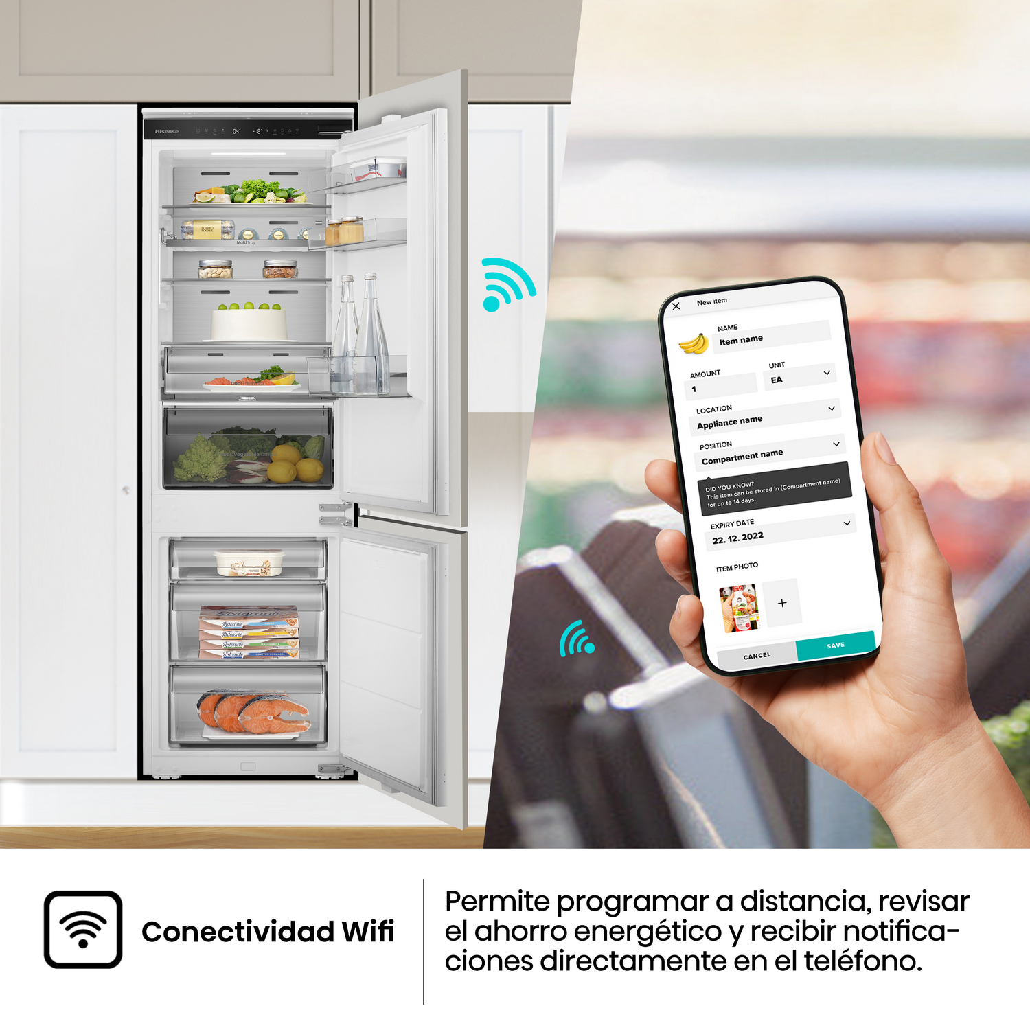 Refrigerador con puertas abiertas, artículos adentro. Teléfono con aplicación mostrada. El texto dice conectividad wifi.