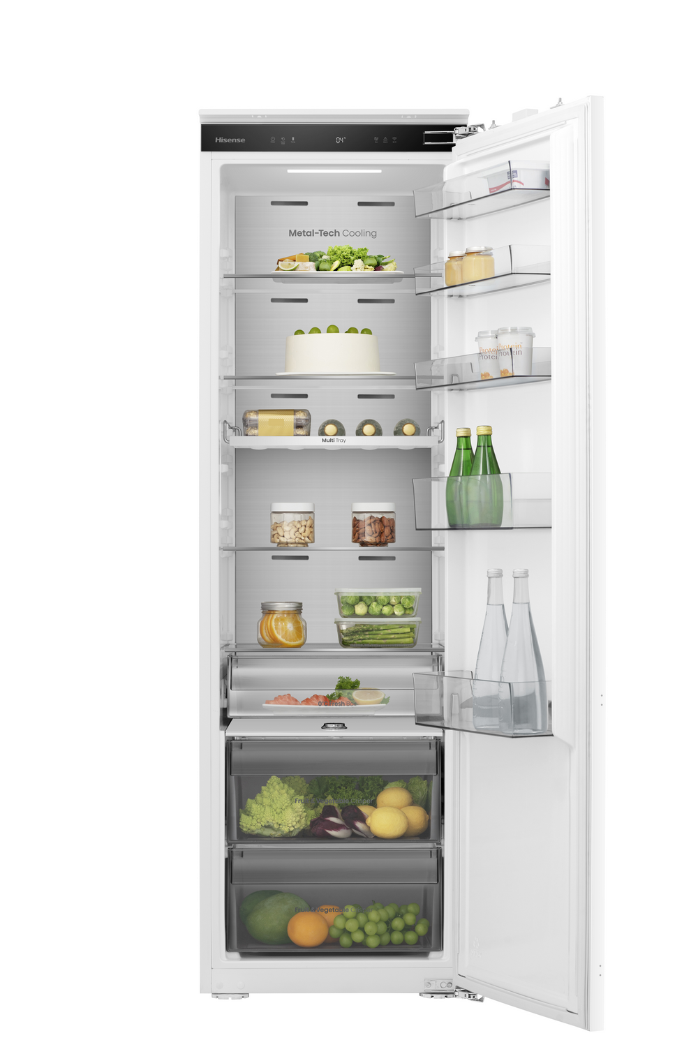 Frigorífico abierto con alimentos, mostrando estantes, cajones y almacenamiento en la puerta.