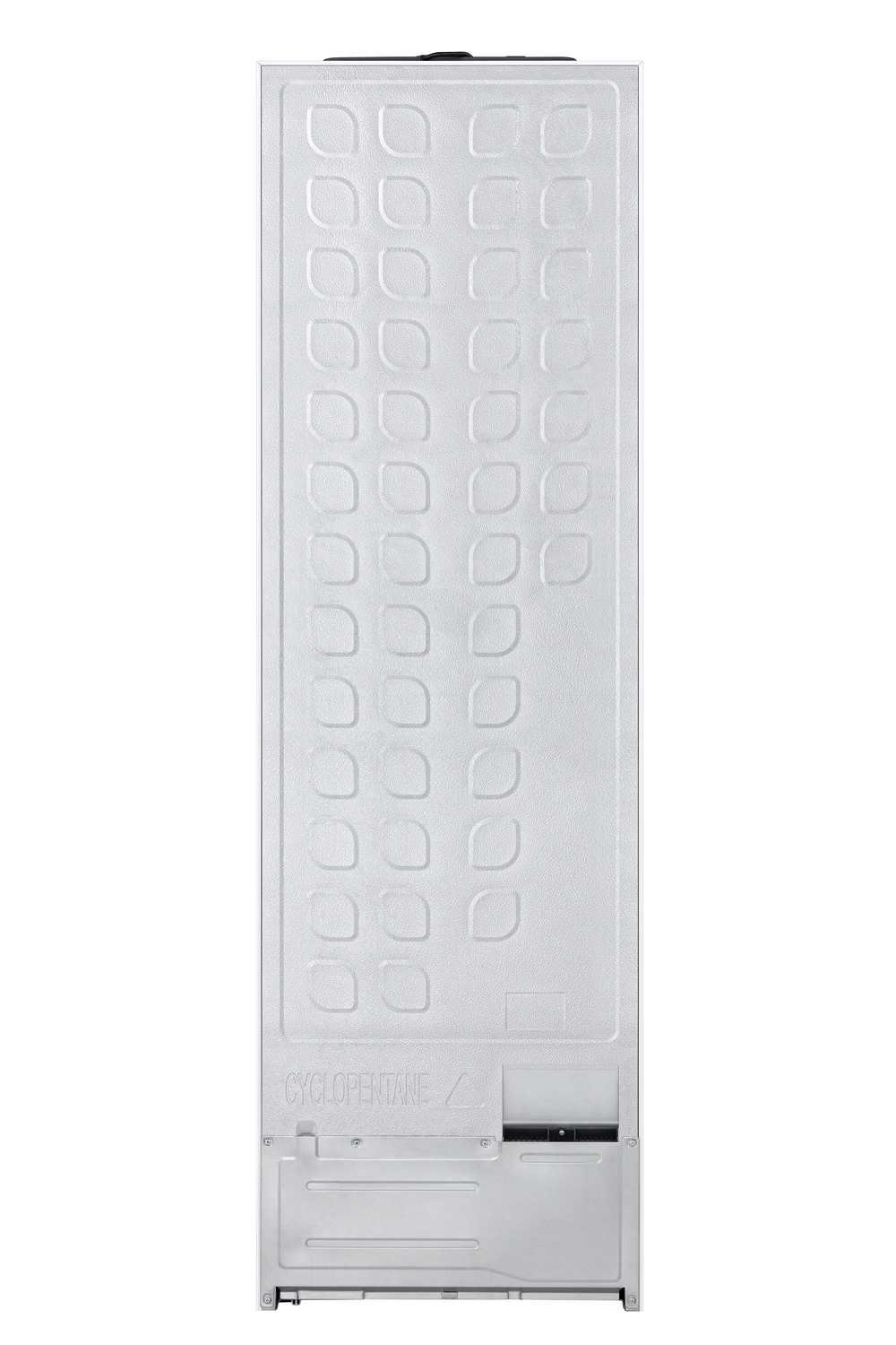 Vista trasera de un frigorífico blanco, mostrando el panel trasero con superficie texturizada.