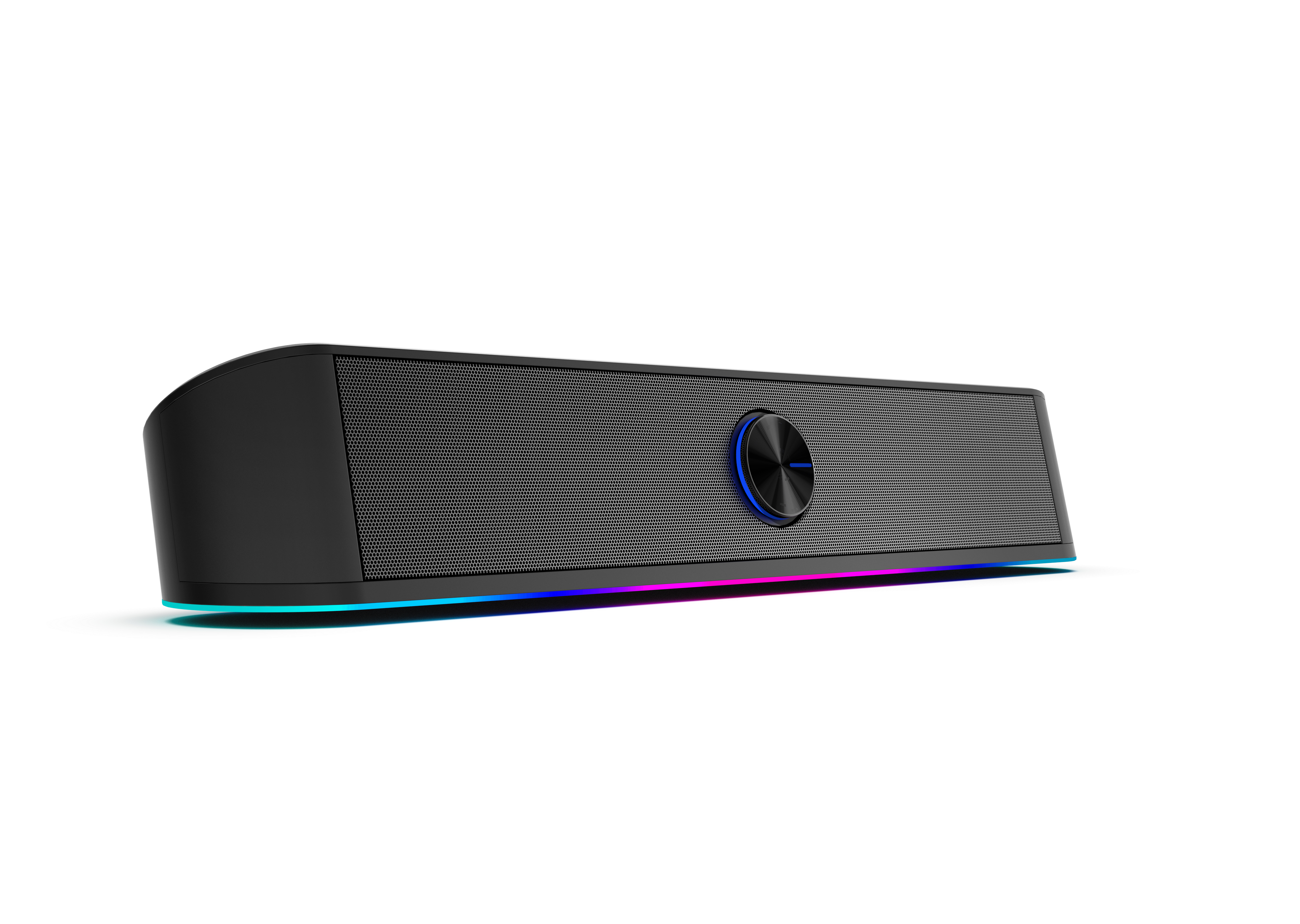 Eine schwarze Soundbar mit blauem LED in der Mitte.