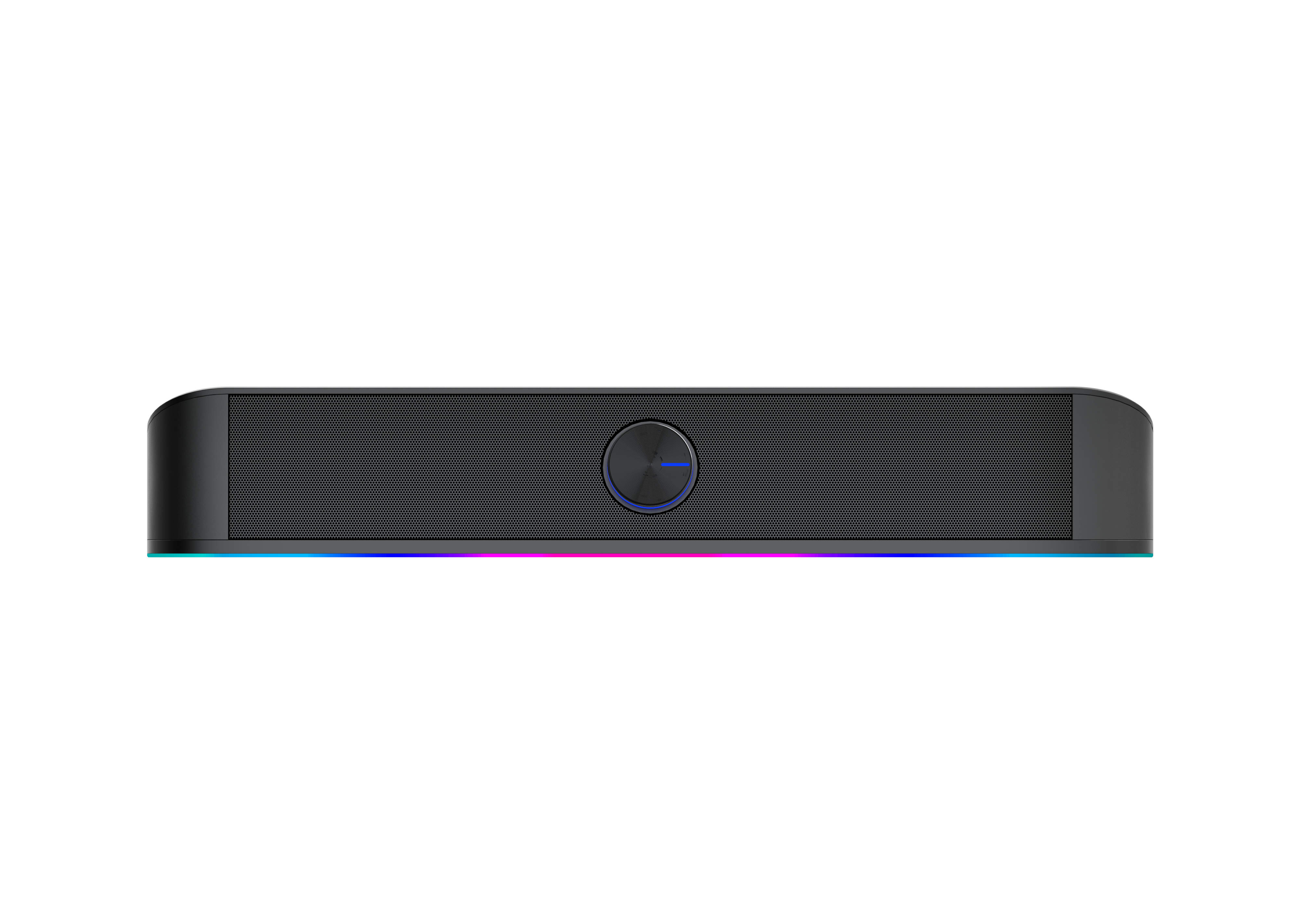 Eine schwarze Soundbar mit blauem LED in der Mitte.