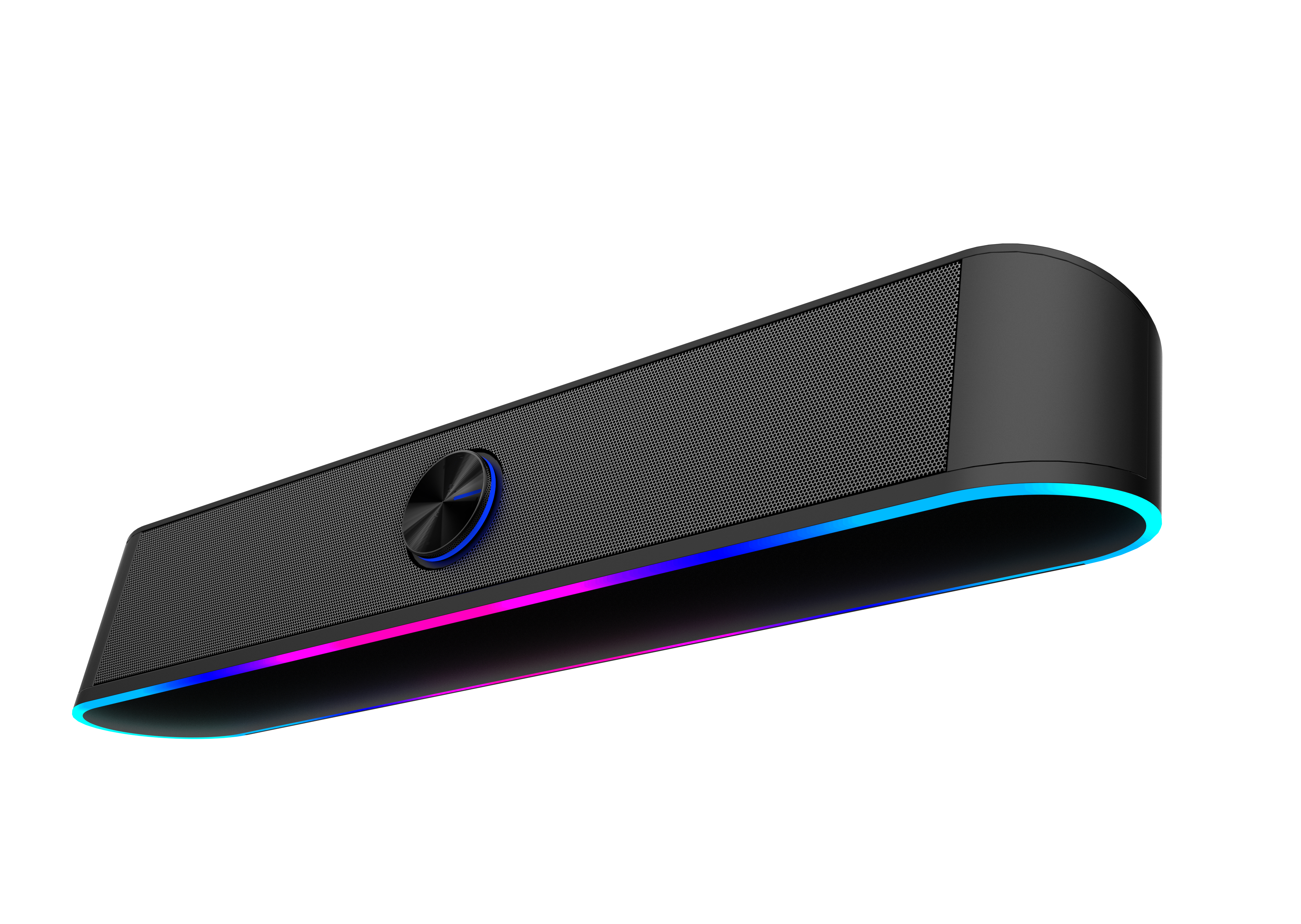 Schwarze Soundbar mit zentralem Knopf und farbigem Lichtstreifen unten, vor weißem Hintergrund.
