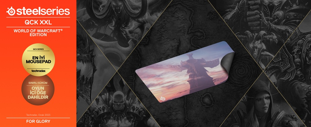 Üzerinde bir World of Warcraft teması ve SteelSeries logosu bulunan bir mousepad.