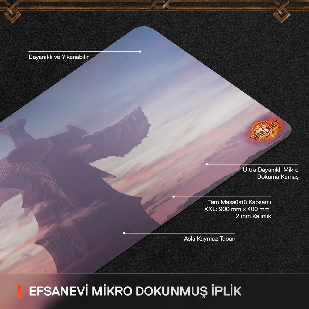Ejderha grafiği ile mousepad, metin detayları.