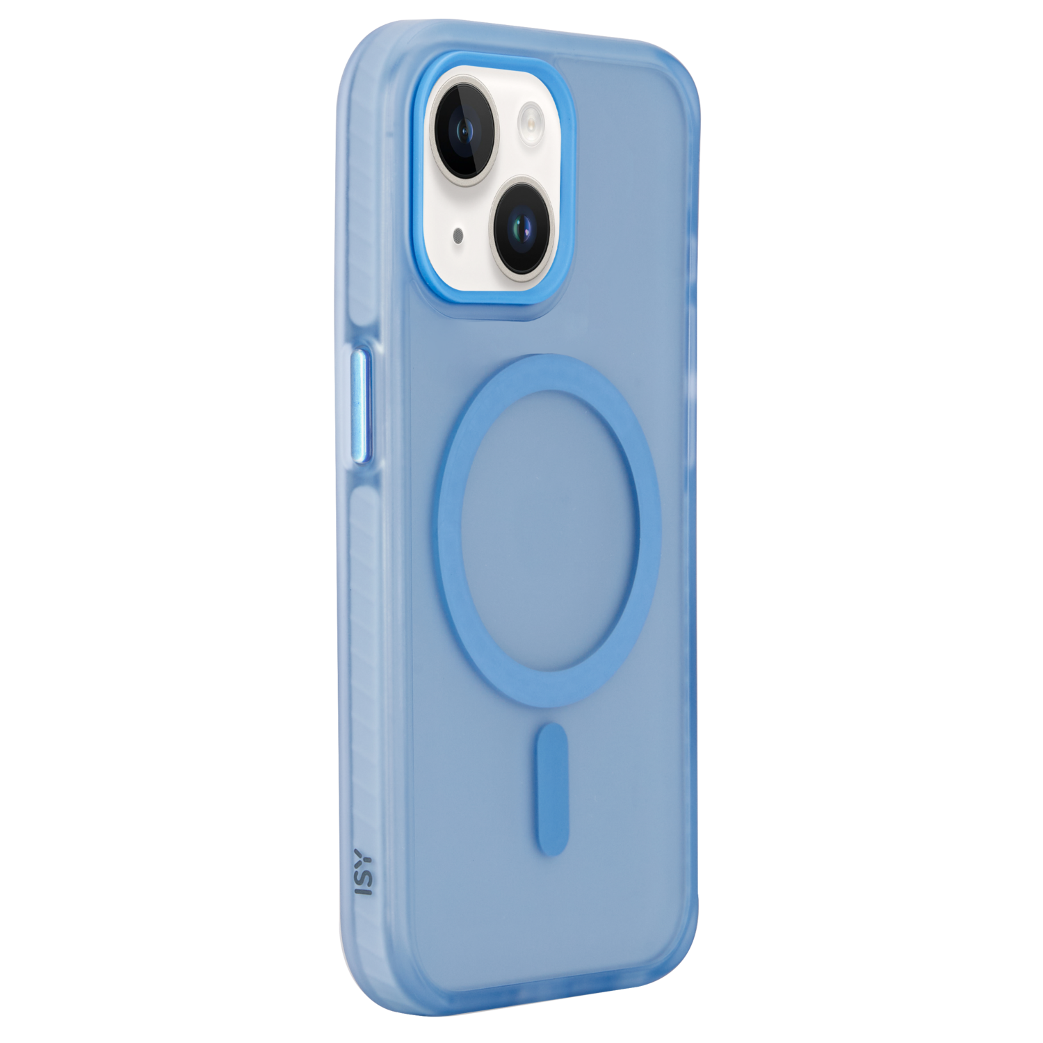 Blauwe iPhone-hoes met een camera-uitsparing, een blauwe ring en een blauwe achtergrond.