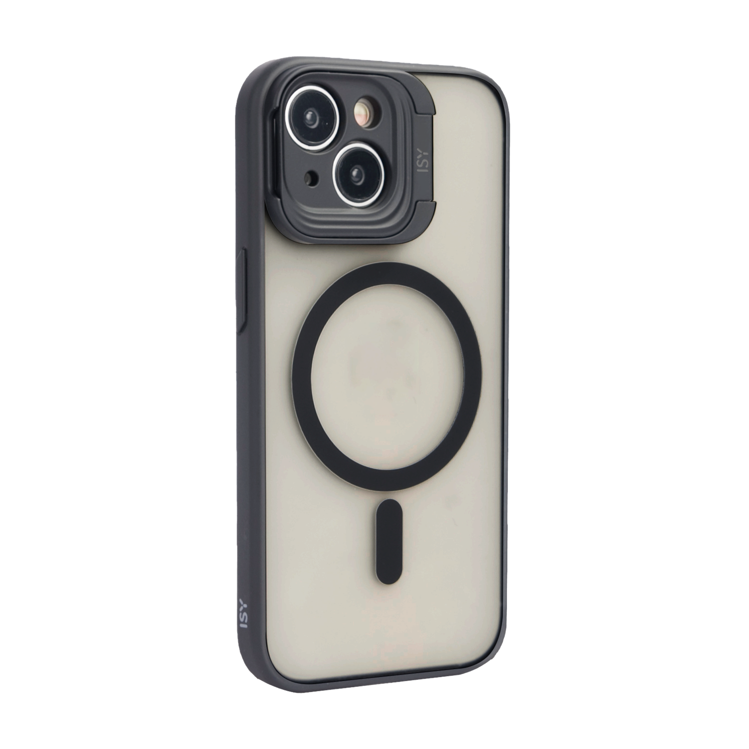 Zwarte iPhone case met camerabescherming, MagSafe ring.