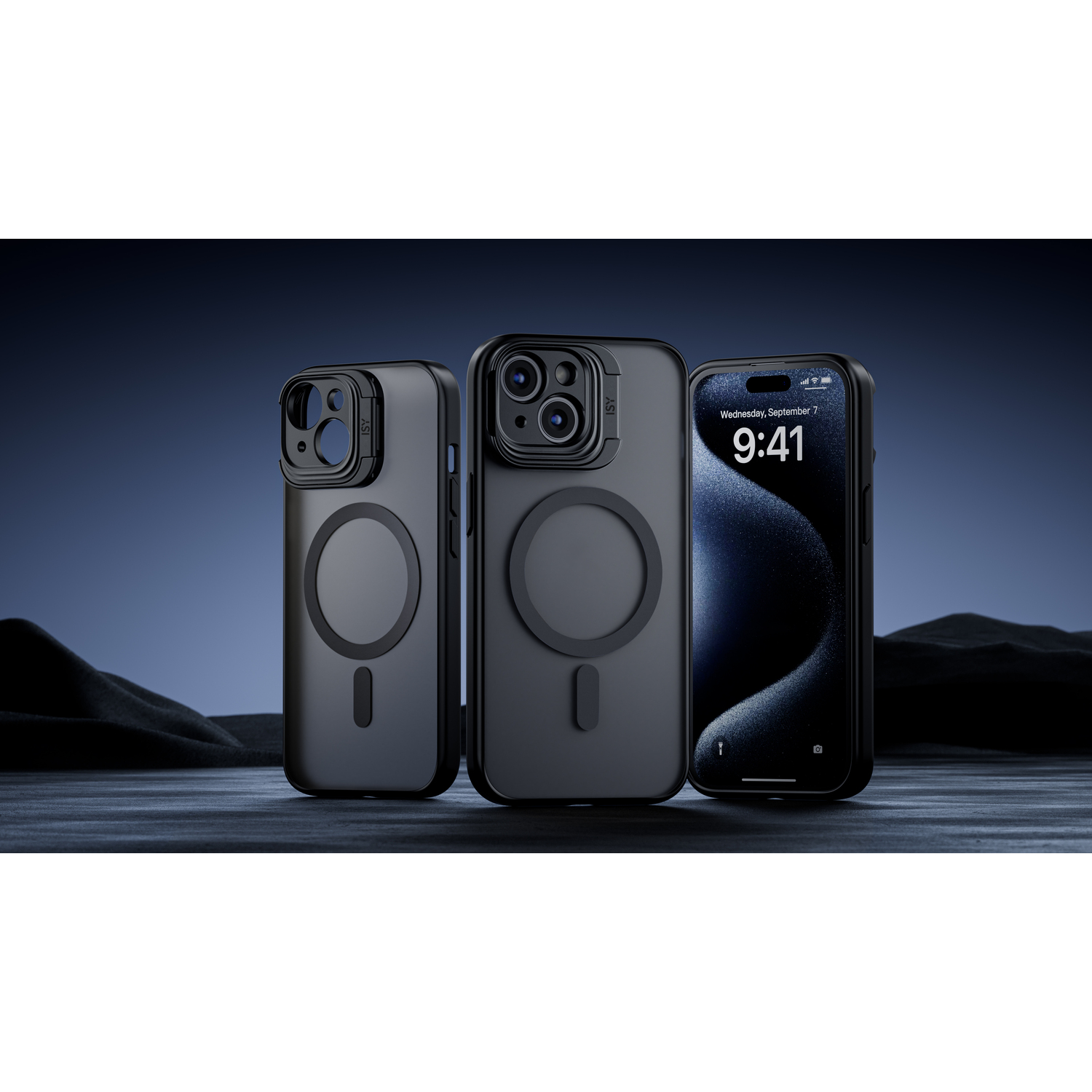 Drie zwarte telefoonhoesjes, één met een telefoon.