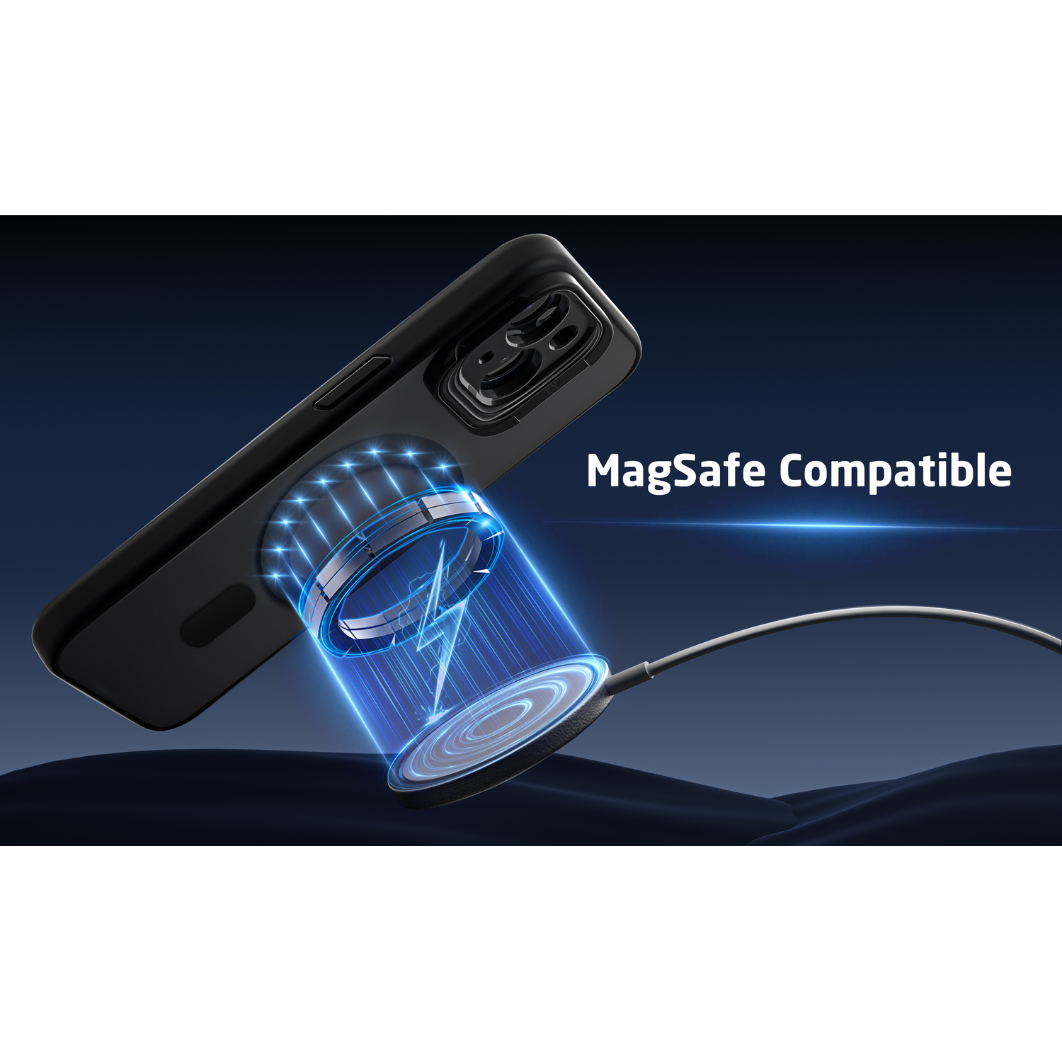 Zwarte telefoonhoes met oplader en de tekst 'MagSafe Compatible'.