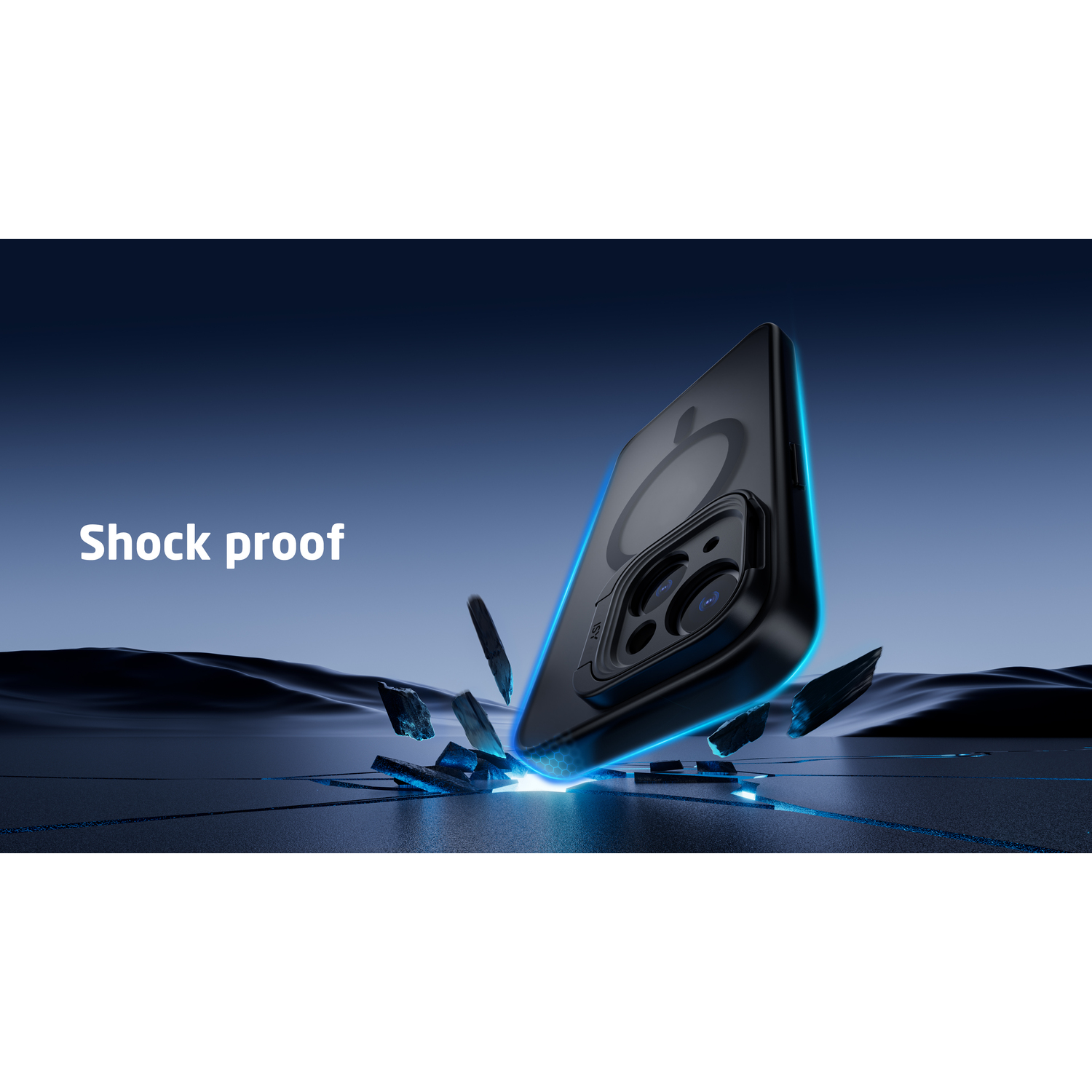 Een zwarte telefoonhoes breekt in stukken met het woord 'Shock proof' bovenaan.