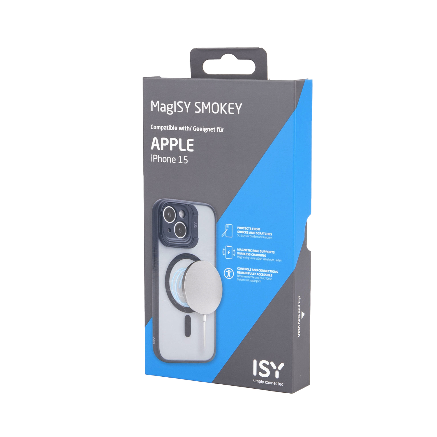 Verpakte MaglSY Smokey hoes voor iPhone 15. De telefoonhoes is zichtbaar. De achtergrond is wit.