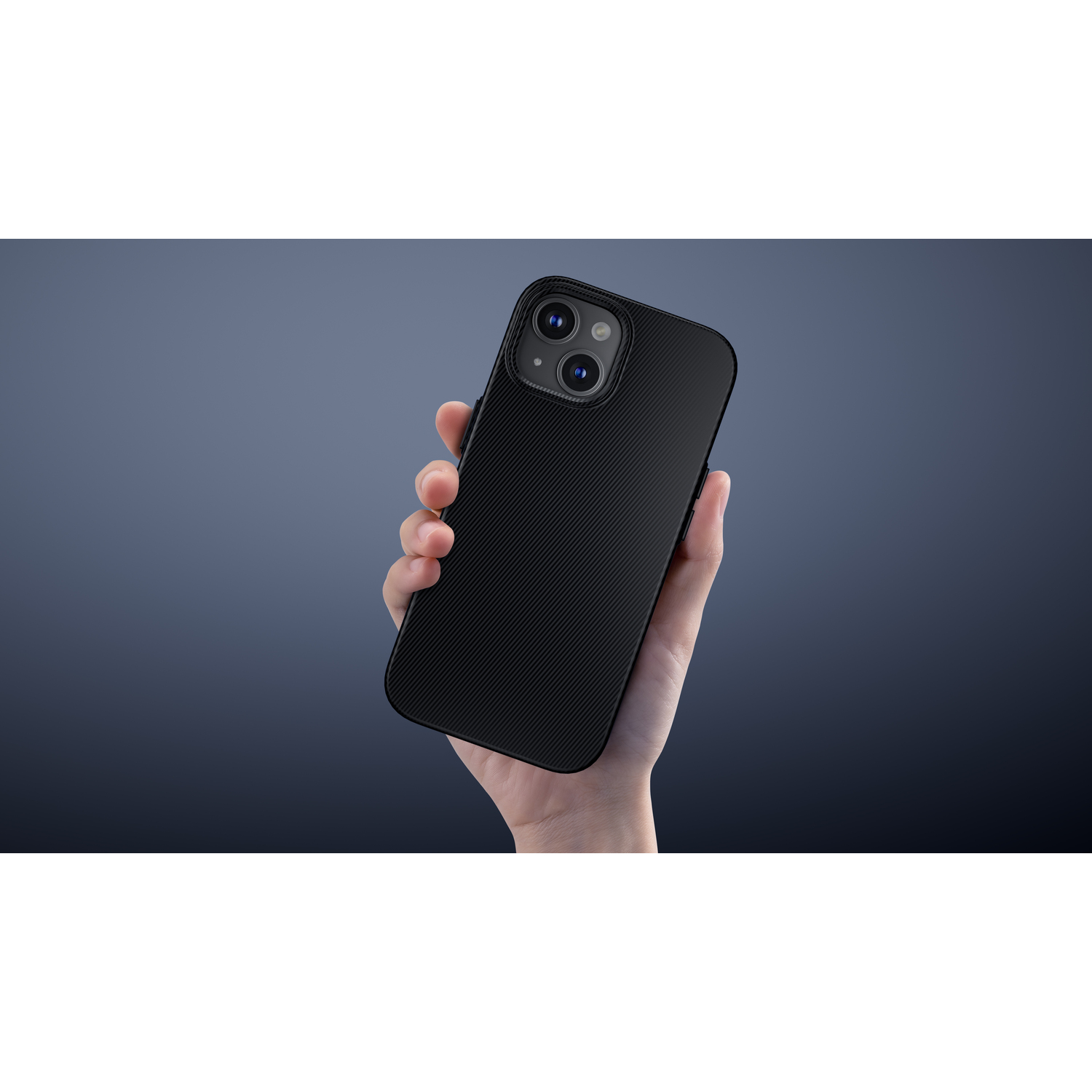 Hand holding a black phone case with a textured surface, dark background.