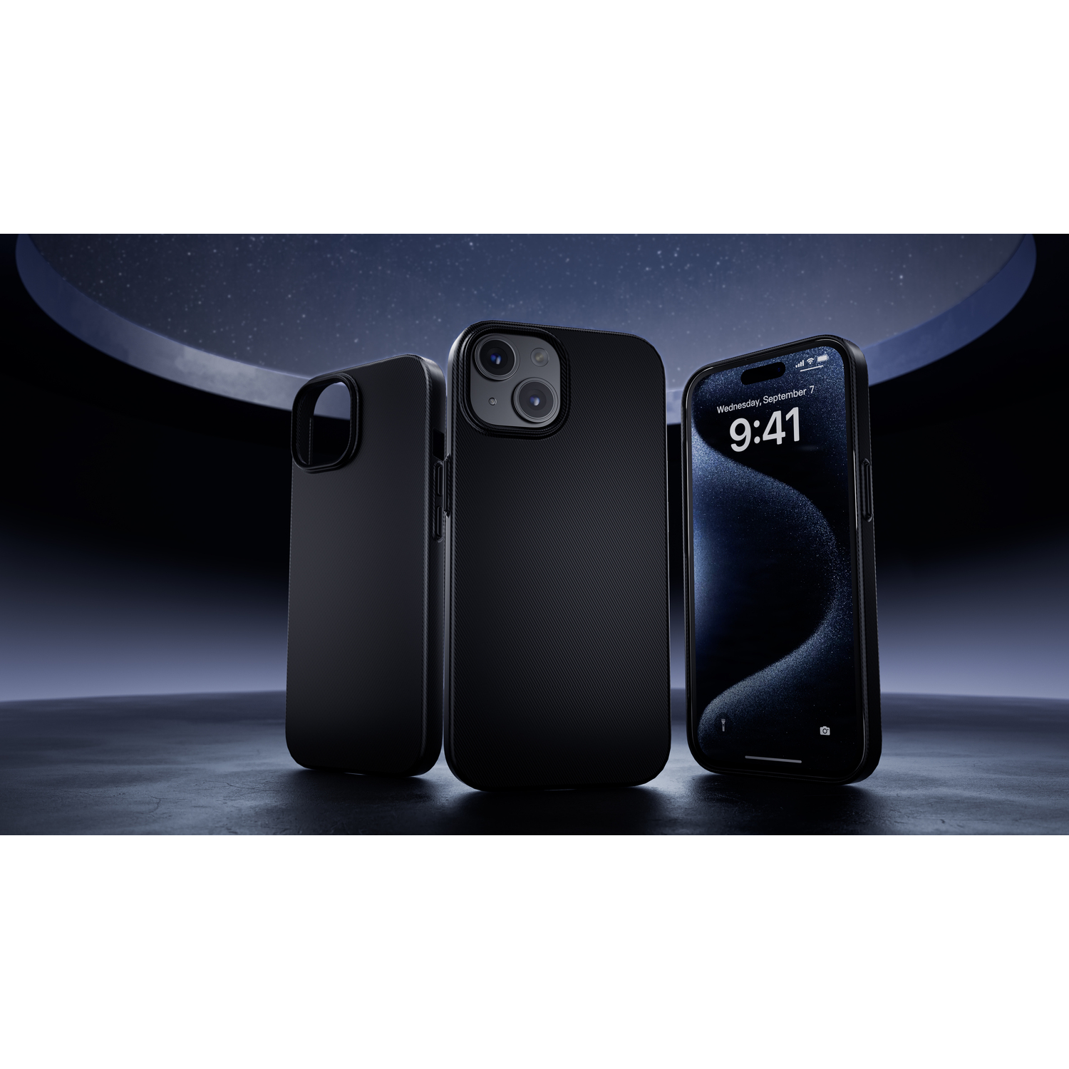 Three black phones with a black case and a blue background.