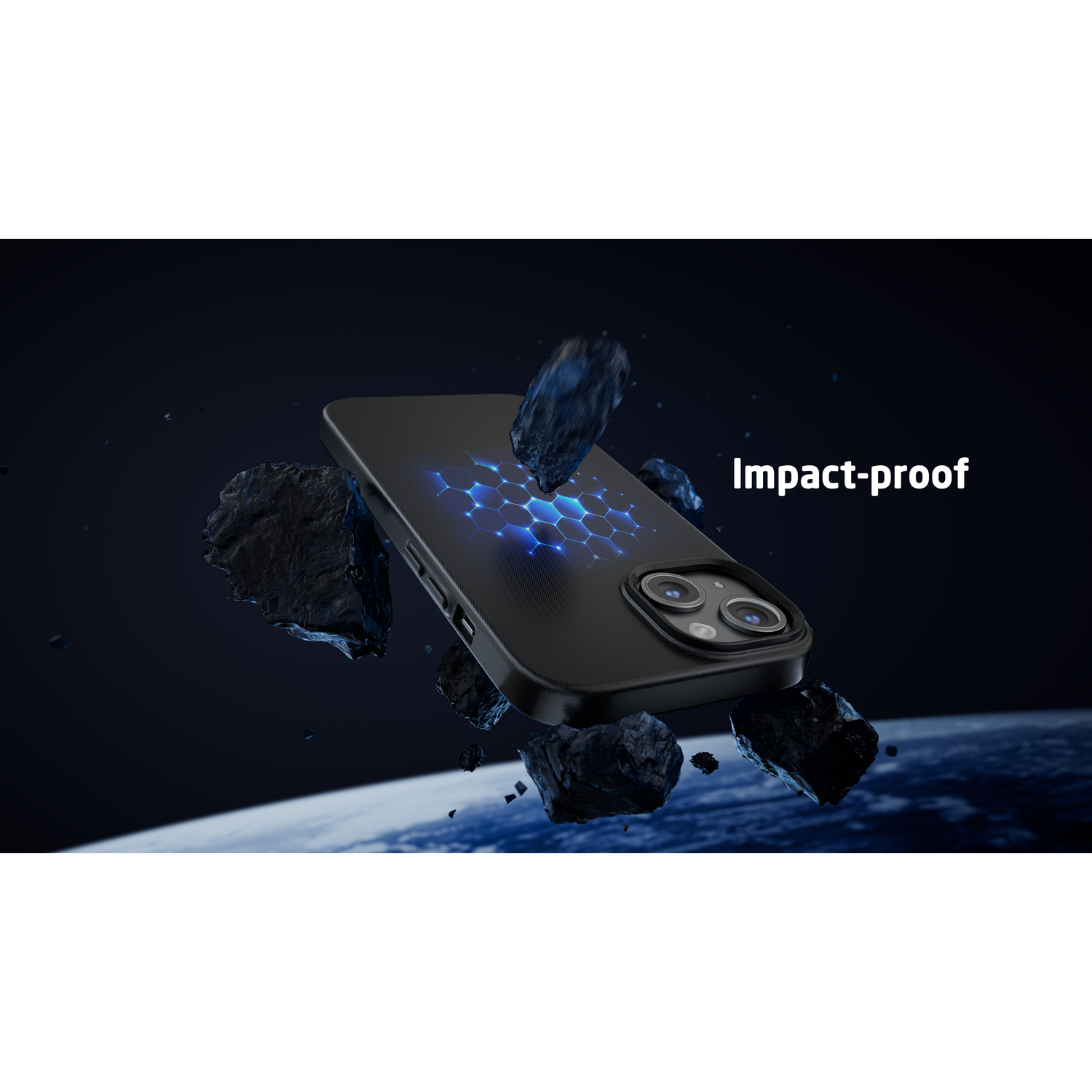 Black phone case with a blue-patterned back, floating in space.