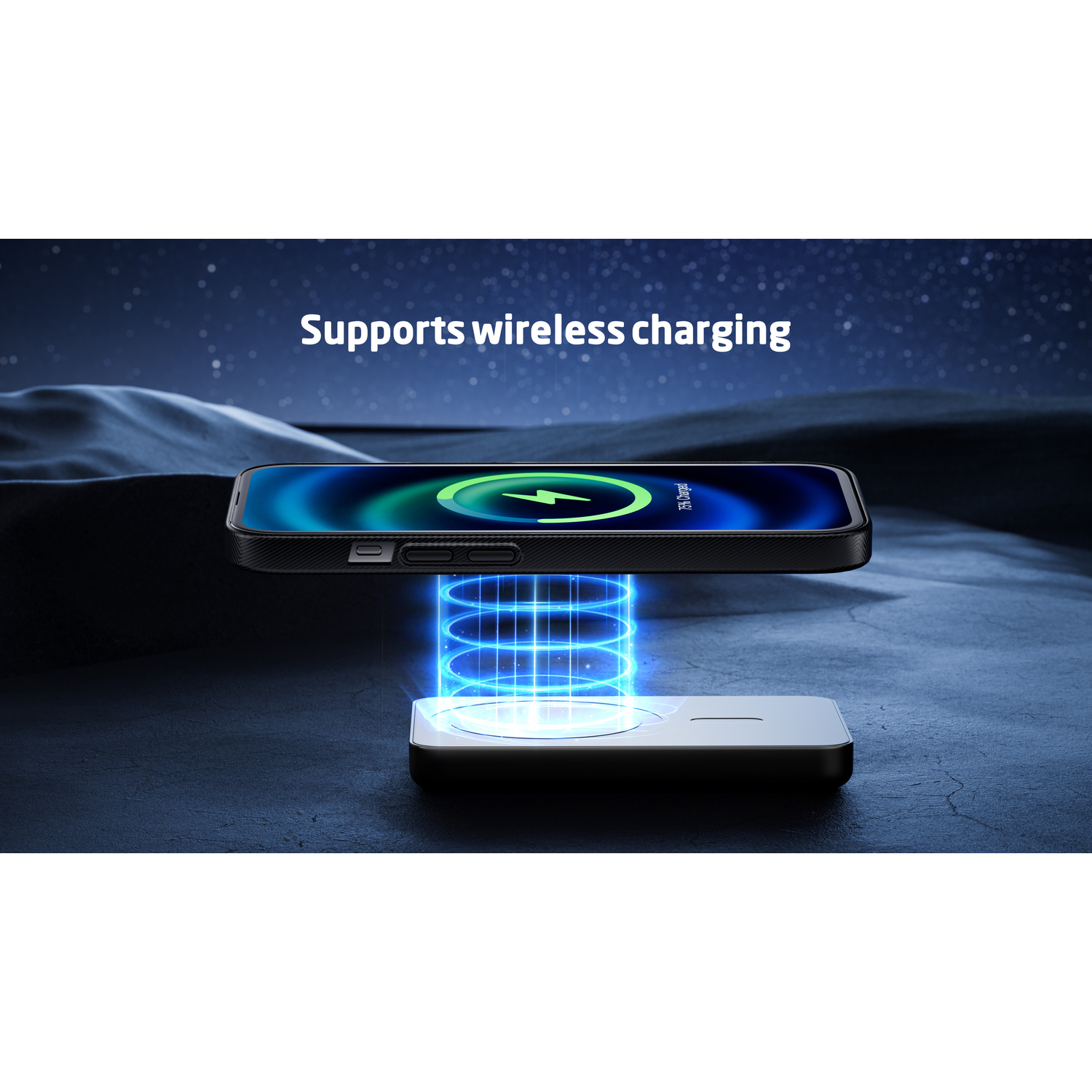 A phone charging wirelessly above a charging pad.