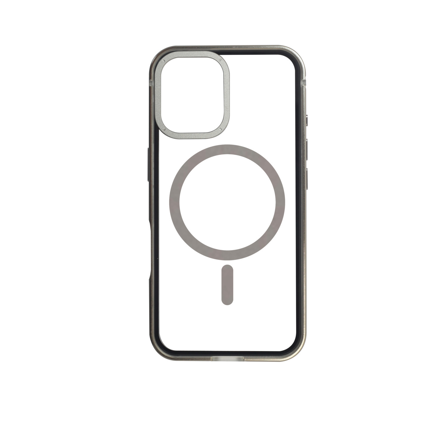 Transparante telefoonhoes met een zilveren frame. De hoes heeft een uitsparing voor de camera en een cirkelvormig ontwerp.