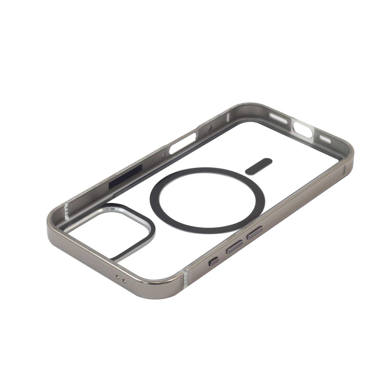 Een transparante telefoonhoes met een zwarte ring en contouren van knoppen.
