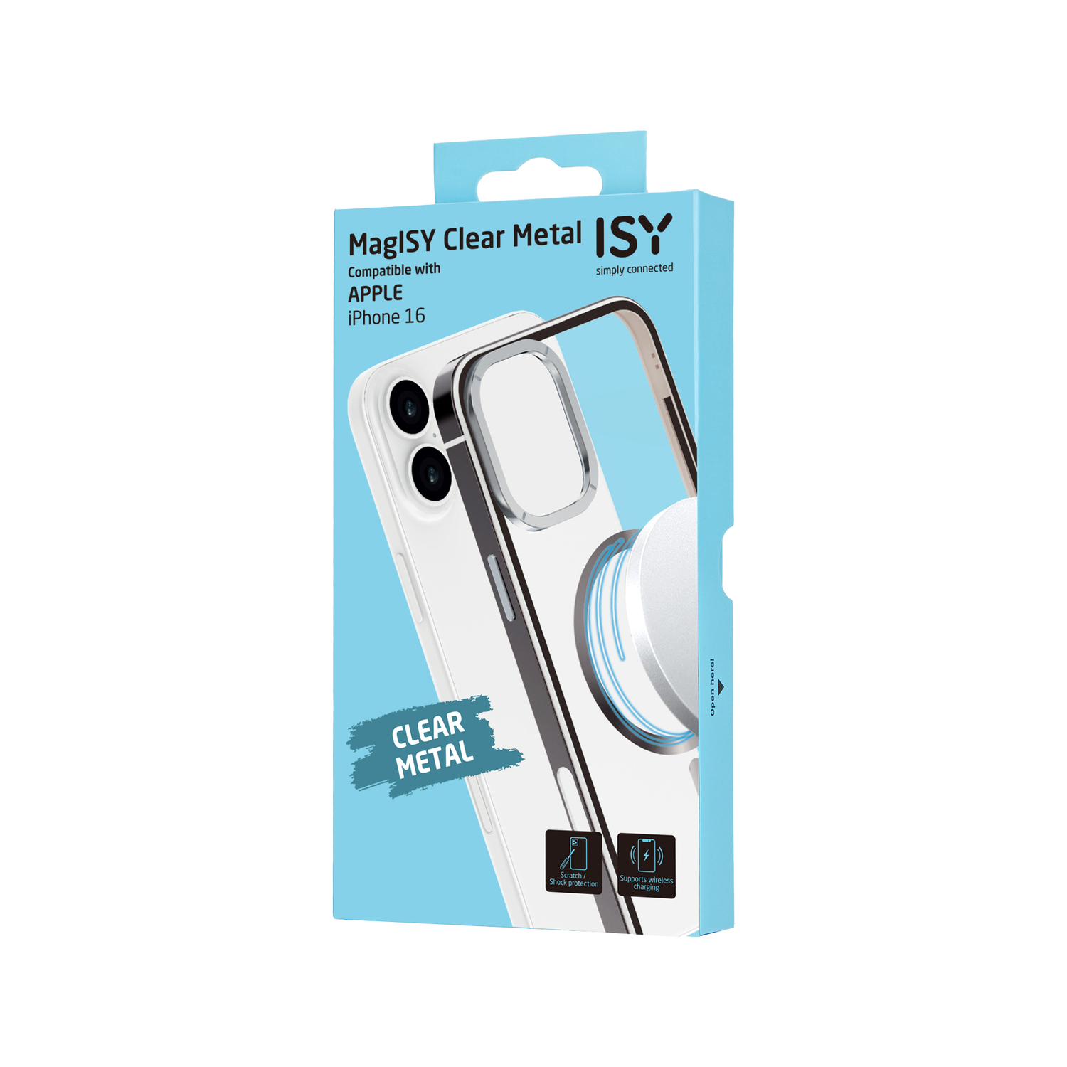 Een lichtblauwe doos met een doorzichtige telefoonhoes met de woorden clear metal.