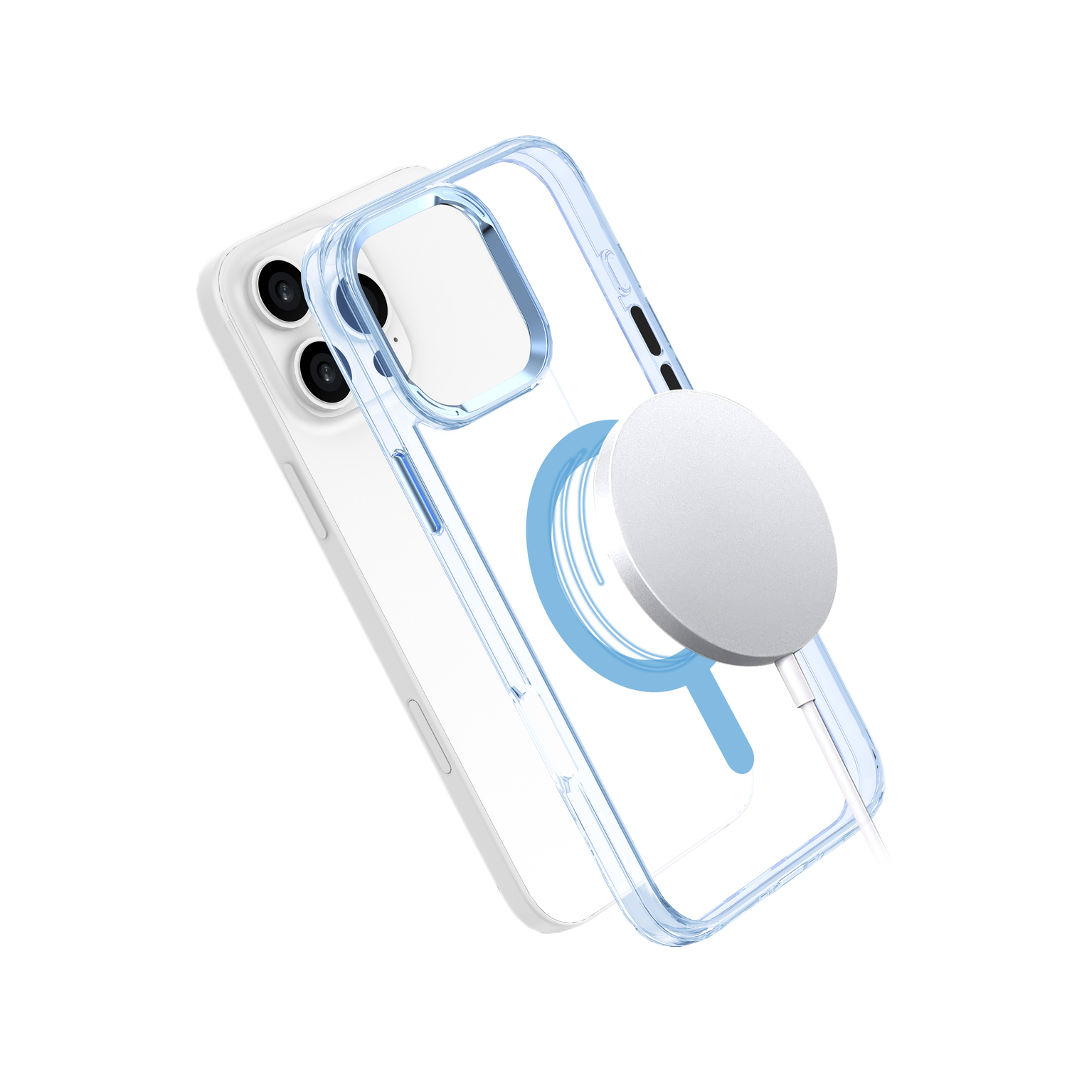 Un téléphone blanc avec un étui transparent et un chargeur magnétique blanc attaché. L'étui a des accents bleus.