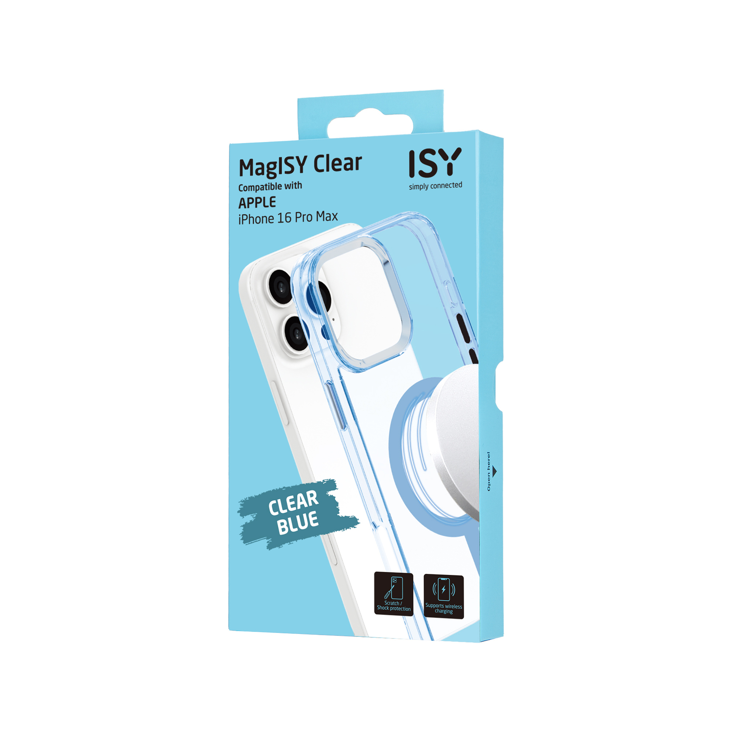 Boîte bleue transparente d'étui de téléphone montre l'étui.