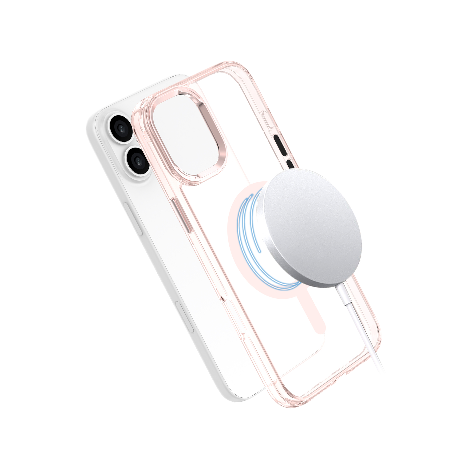 Witte iPhone met een transparante telefoonhoes en een witte MagSafe-oplader. De hoes heeft een roze rand.