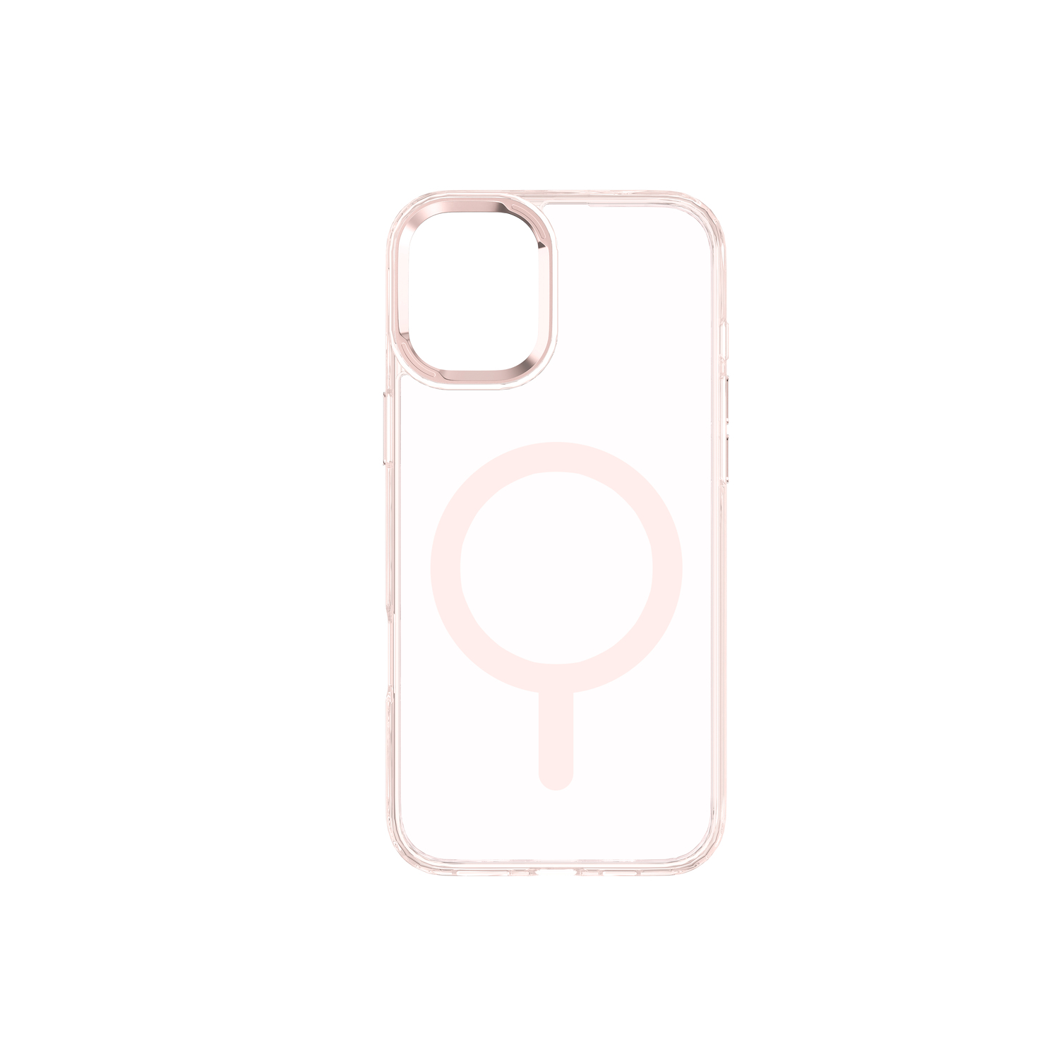 Transparante roze telefoonhoes met een witte cirkel op een witte achtergrond.