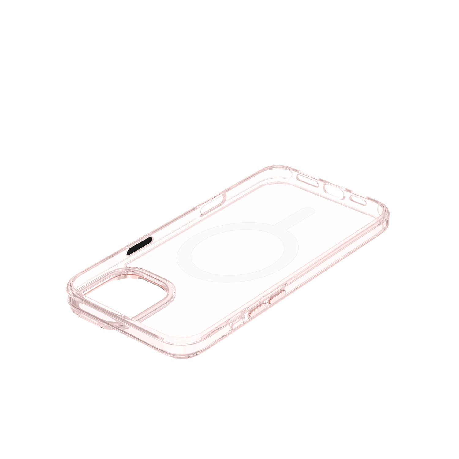 Een lichtroze, doorzichtige telefoonhoes op een witte achtergrond.