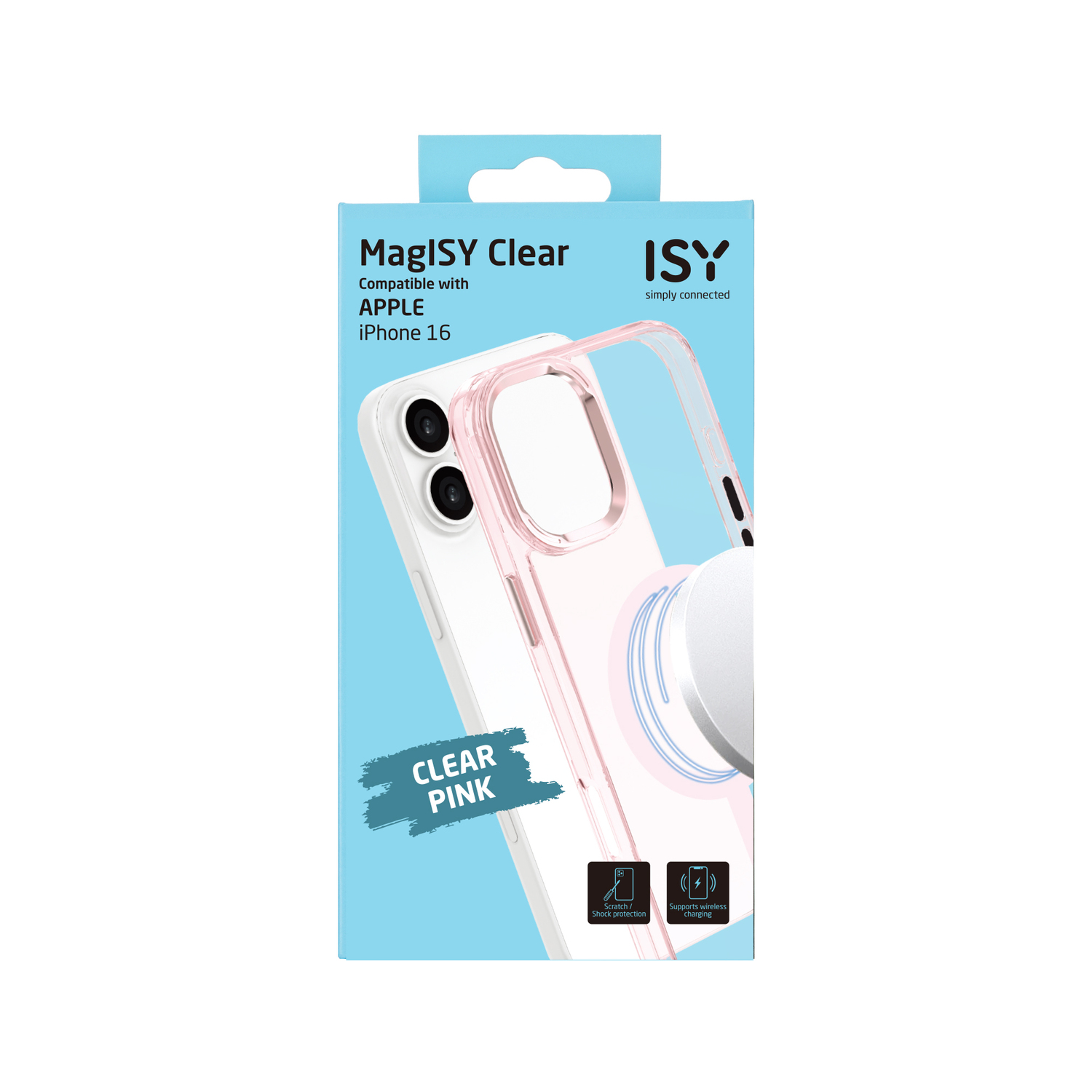 Een doorzichtige roze telefoonhoes met een telefoon erin en productbeschrijving.