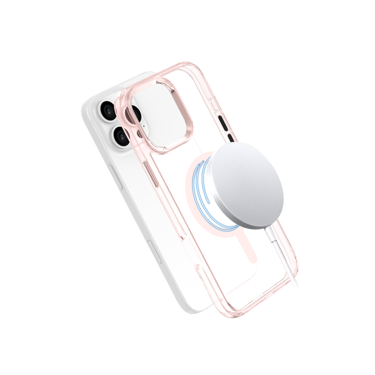 Witte iPhone met een doorzichtige, roze randen hoes en een MagSafe-oplader.