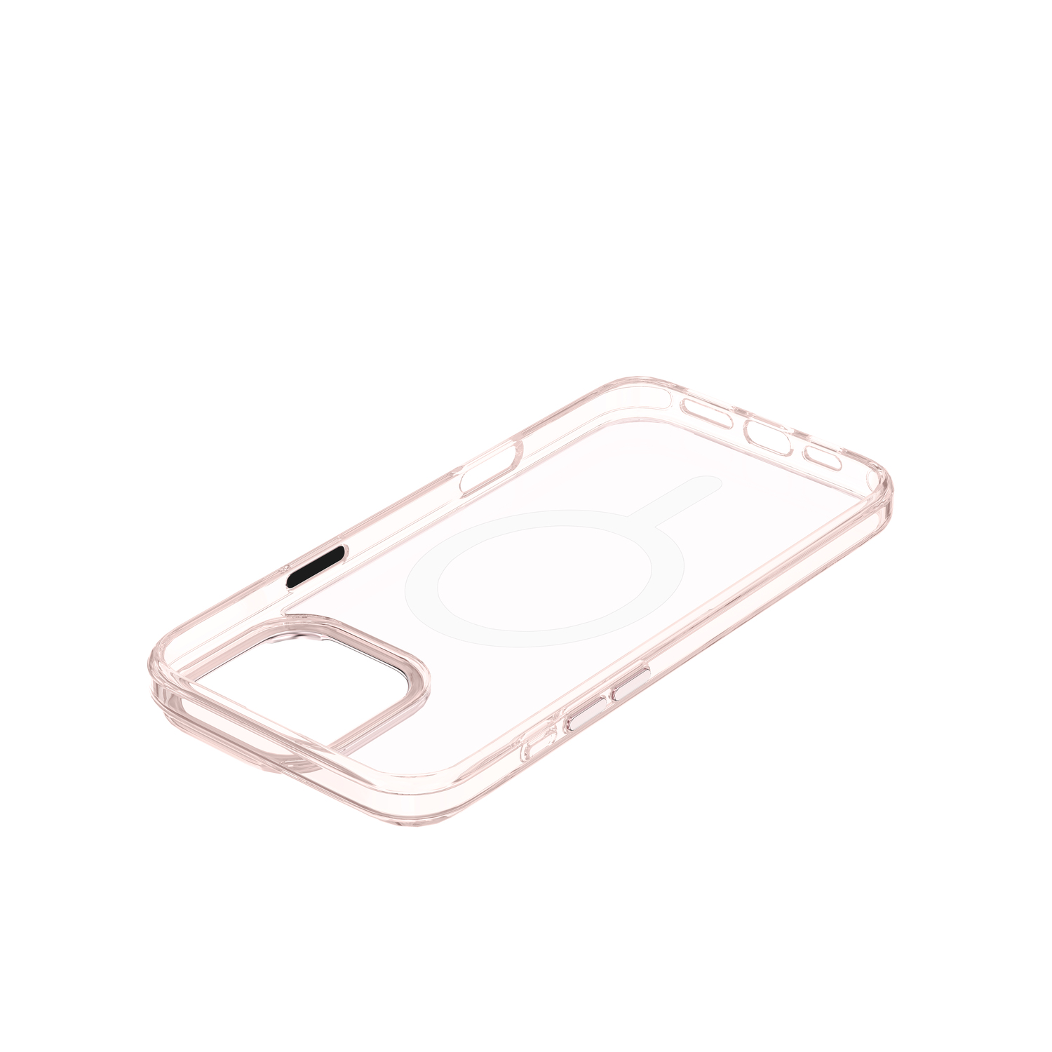 Transparante telefoonhoes met een witte, ronde MagSafe-oplader op een lichtroze oppervlak.