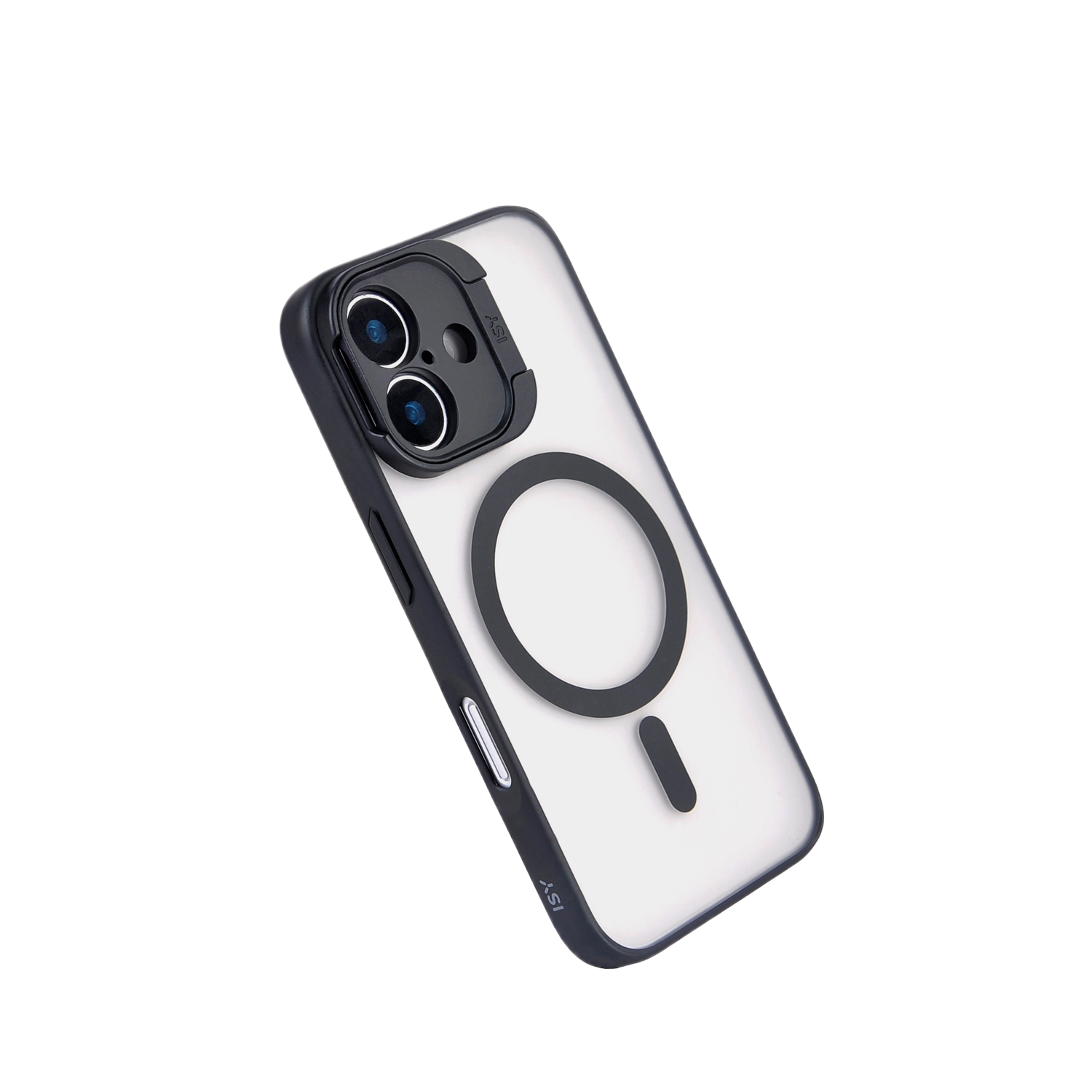 Un téléphone blanc avec un étui noir et un chargeur magnétique noir attaché. L'étui a des accents noirs.
