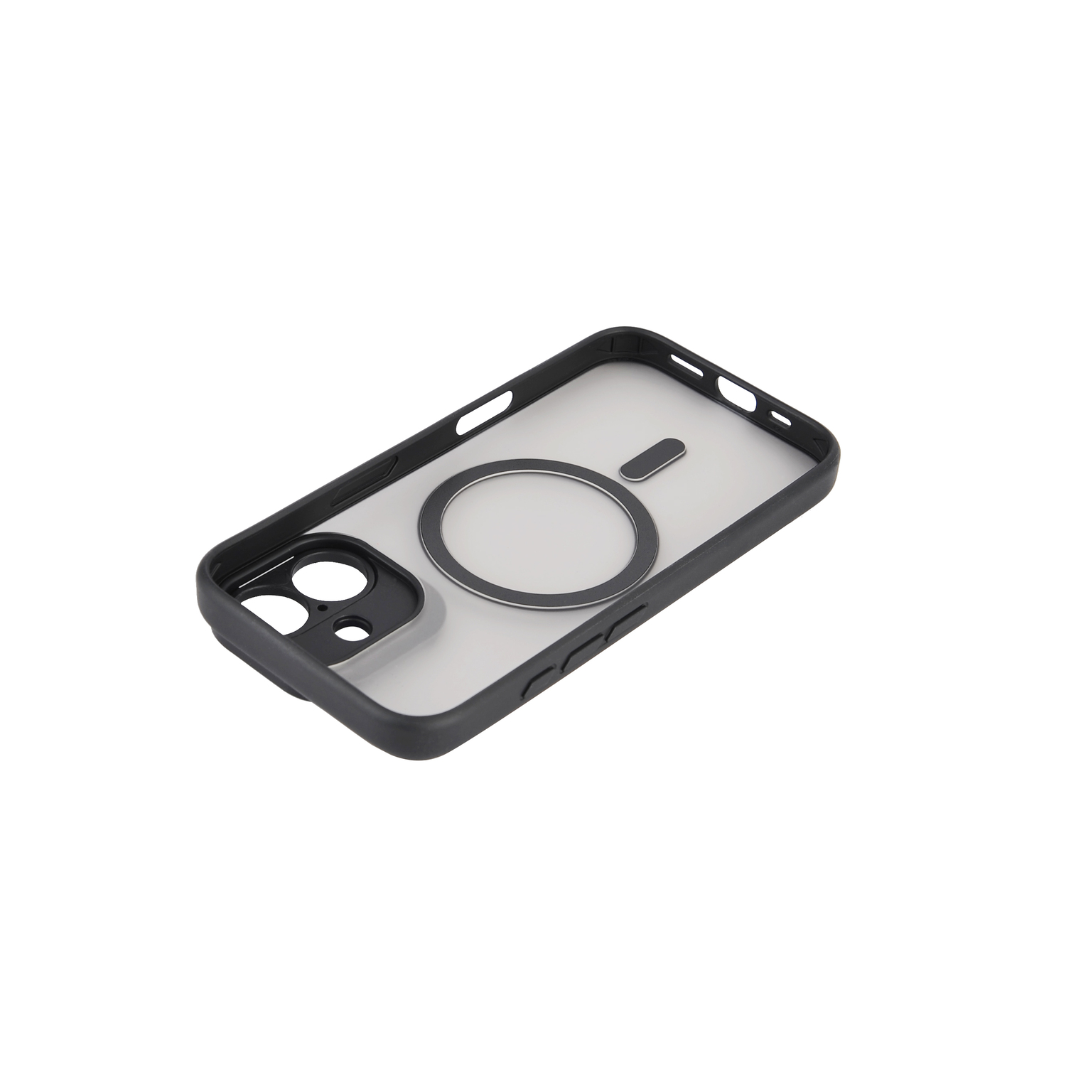 Coque transparente avec bords noirs sur fond blanc. Cercle blanc au milieu.