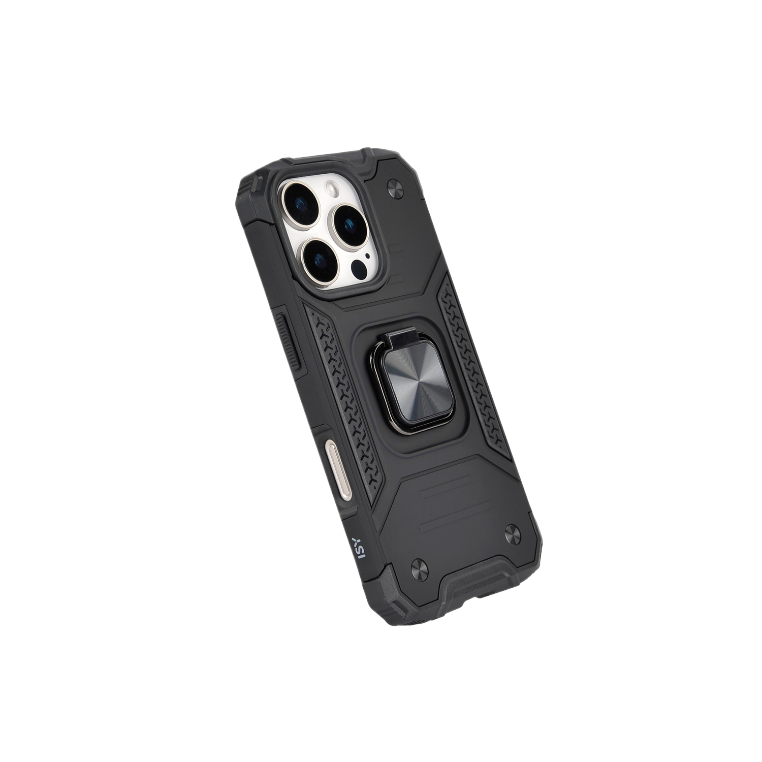 Coque noire pour iPhone avec support de bague et protection d'appareil photo.