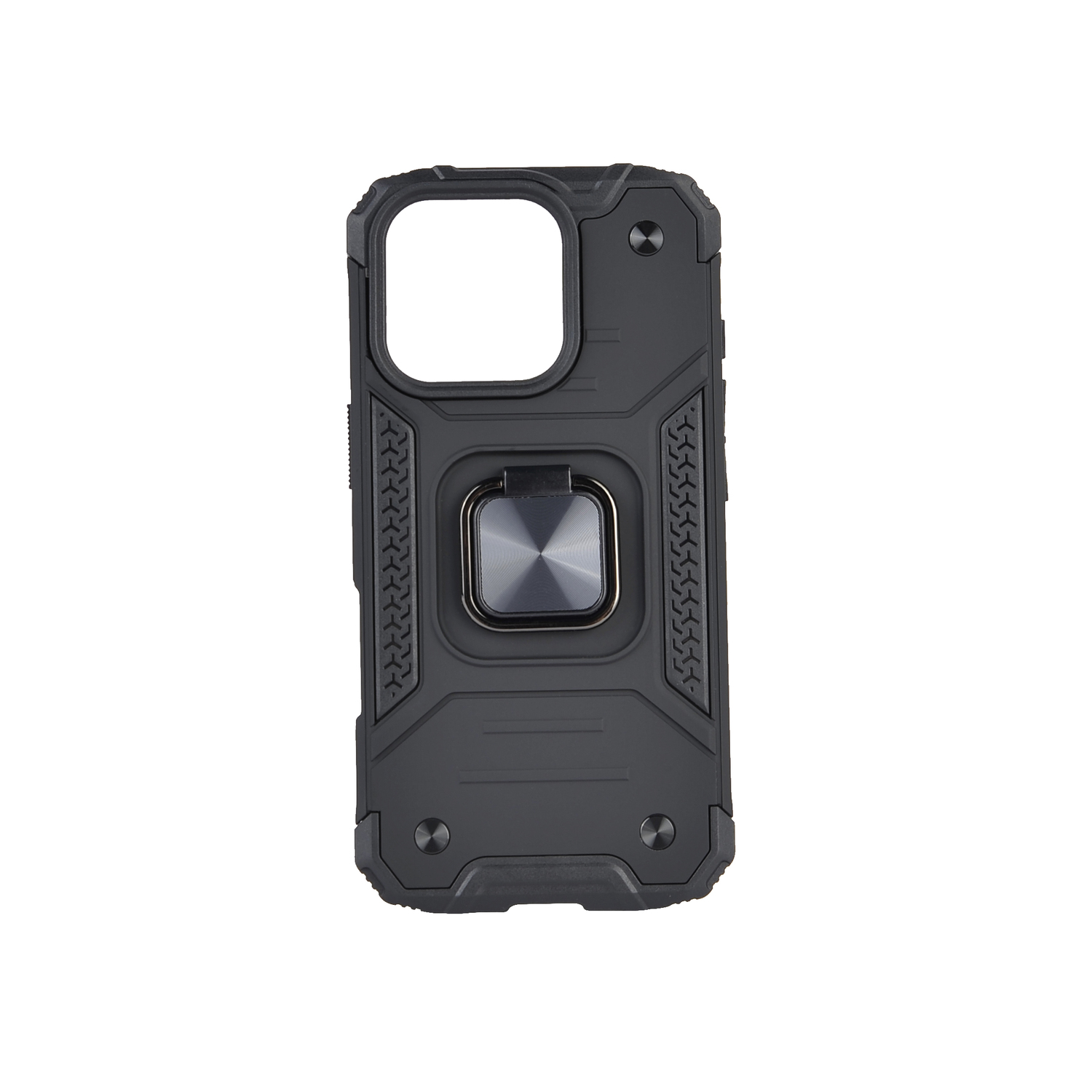 Coque de téléphone noire avec un support de bague. Elle a un design robuste et est sur fond blanc.