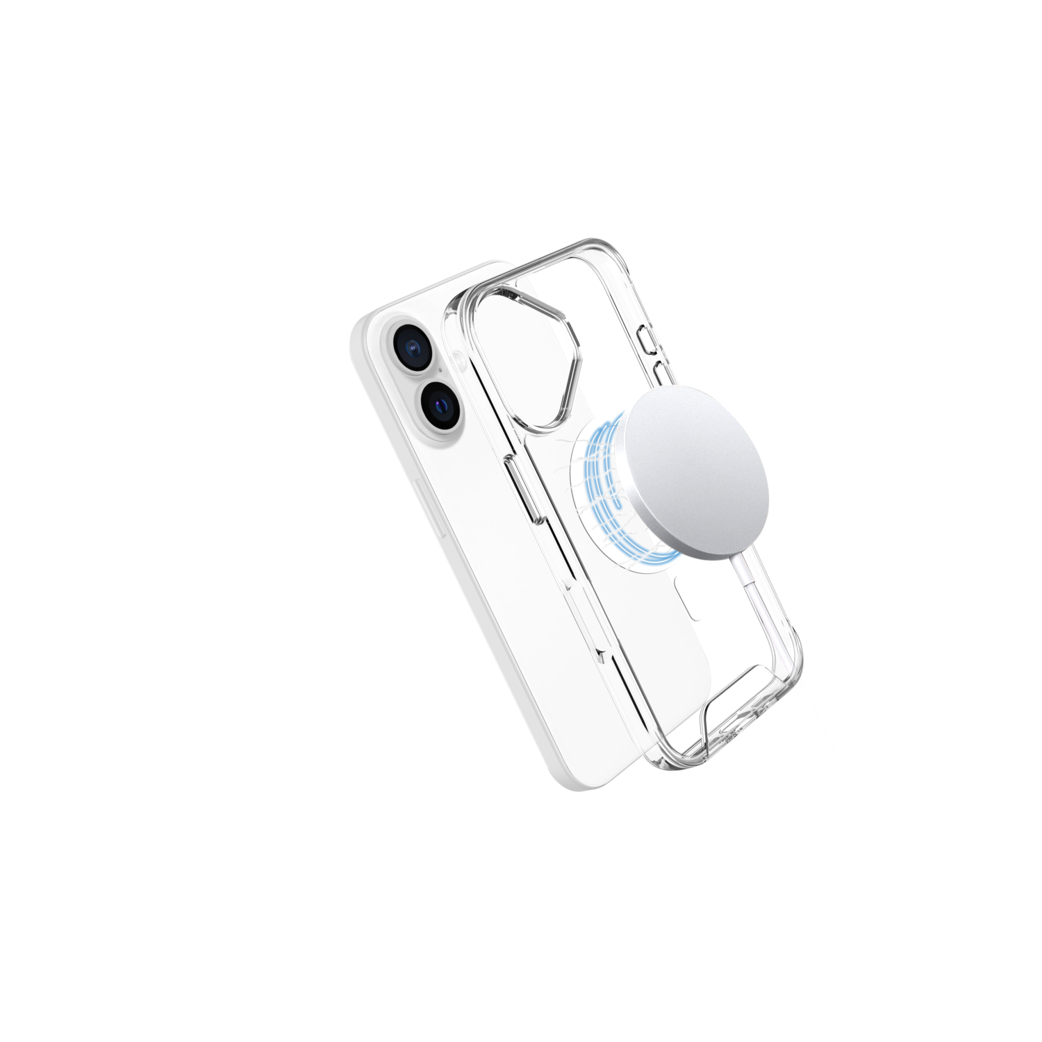 Un iPhone avec une coque transparente et une poignée PopSockets blanche attachée. La coque et la poignée sont sur fond noir.