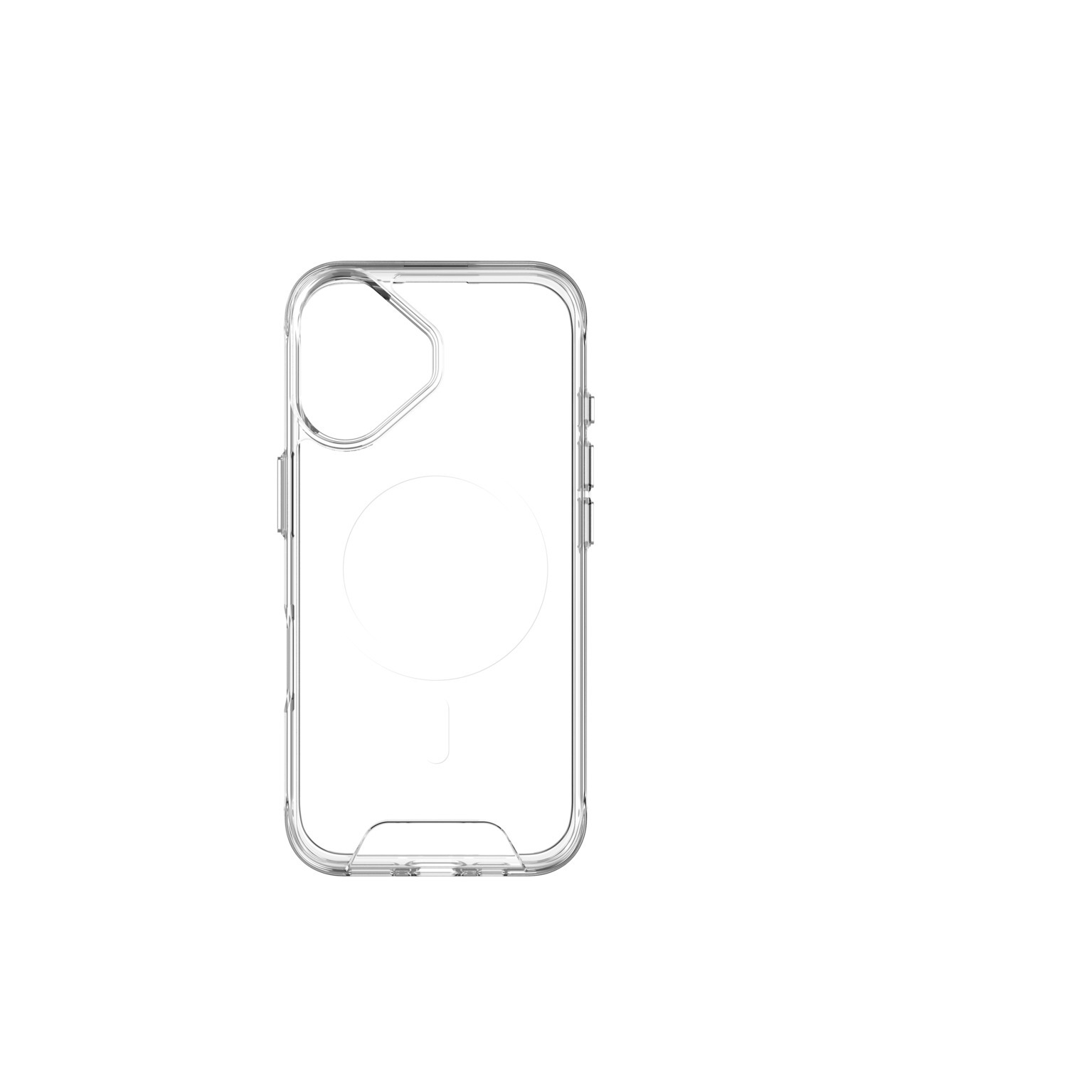 Een doorzichtige telefoonhoes, met uitsparingen voor de camera, knoppen en oplaadpoort.