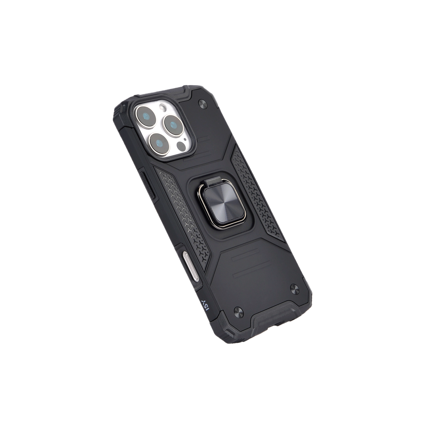 Coque de téléphone noire avec un support à anneau.