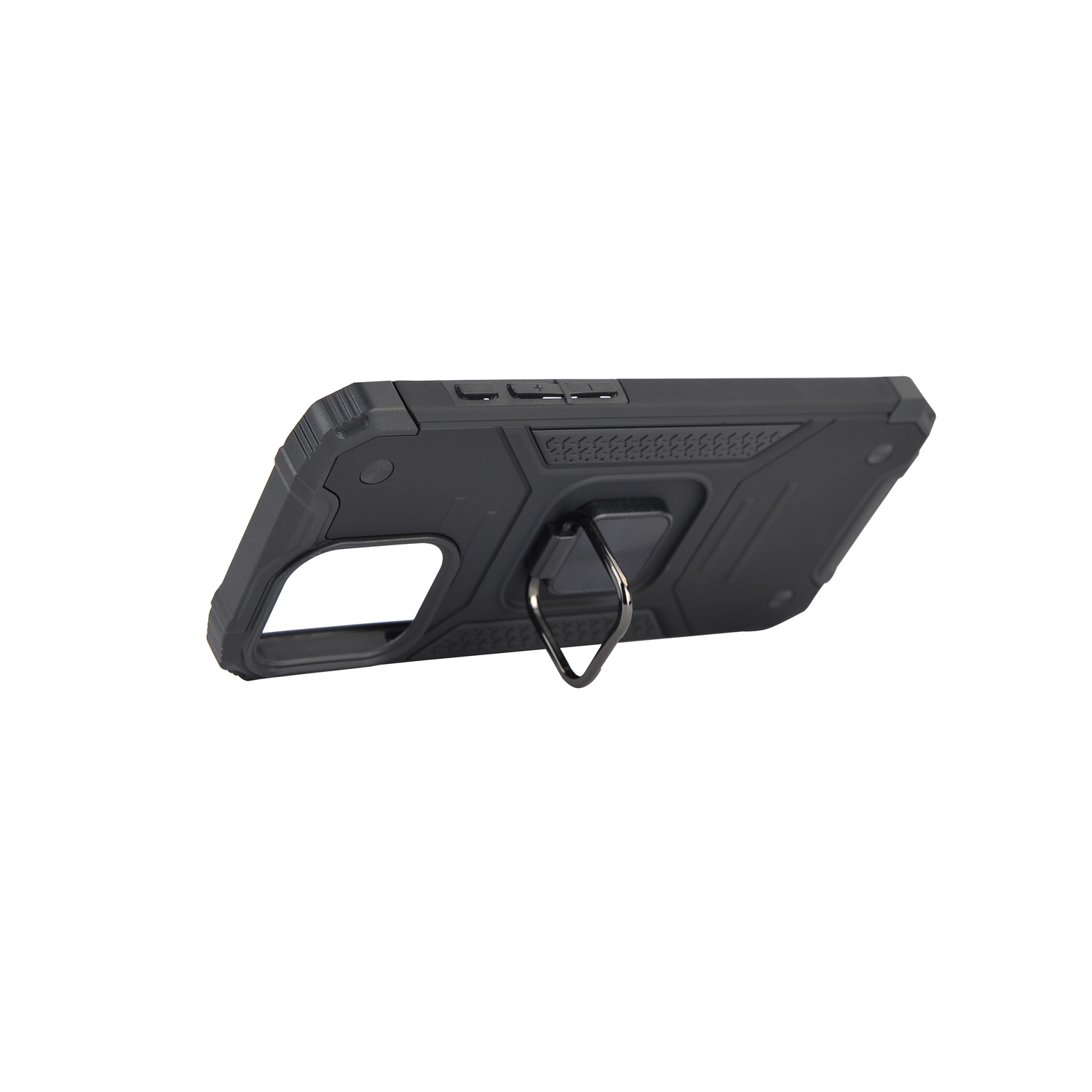 Coque de téléphone noire avec un support d'anneau à l'arrière.