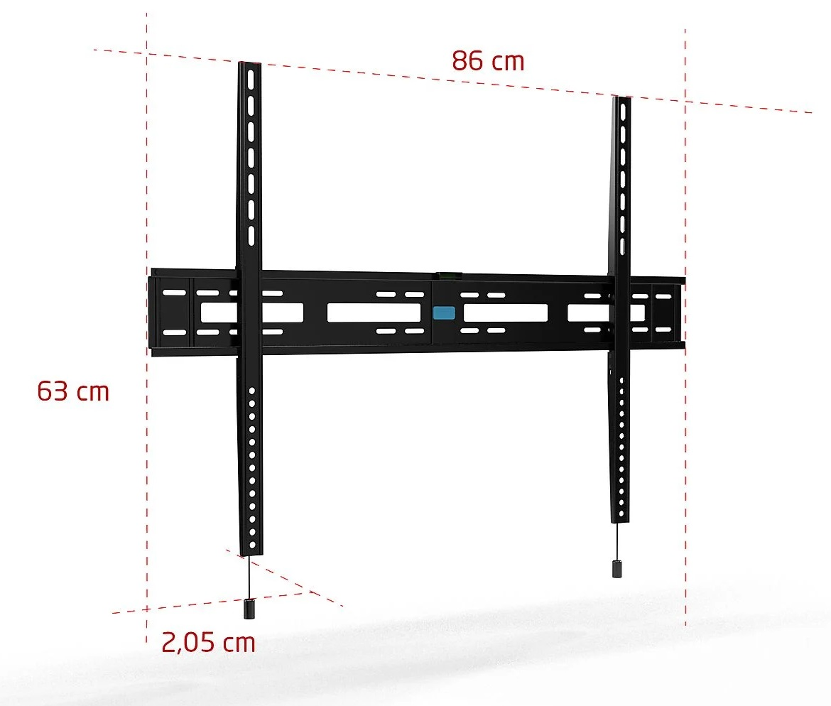 Czarny metalowy uchwyt TV z wymiarami oznaczonymi czerwoną przerywaną linią.