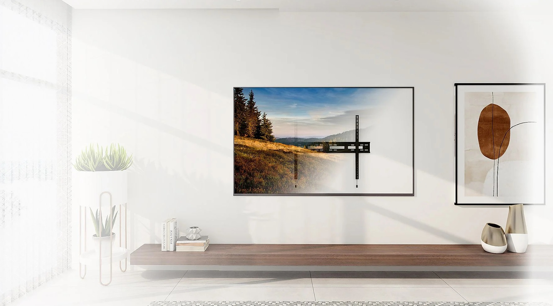 Salon z telewizorem zamontowanym na ścianie i ławą poniżej. Styl minimalistyczny.