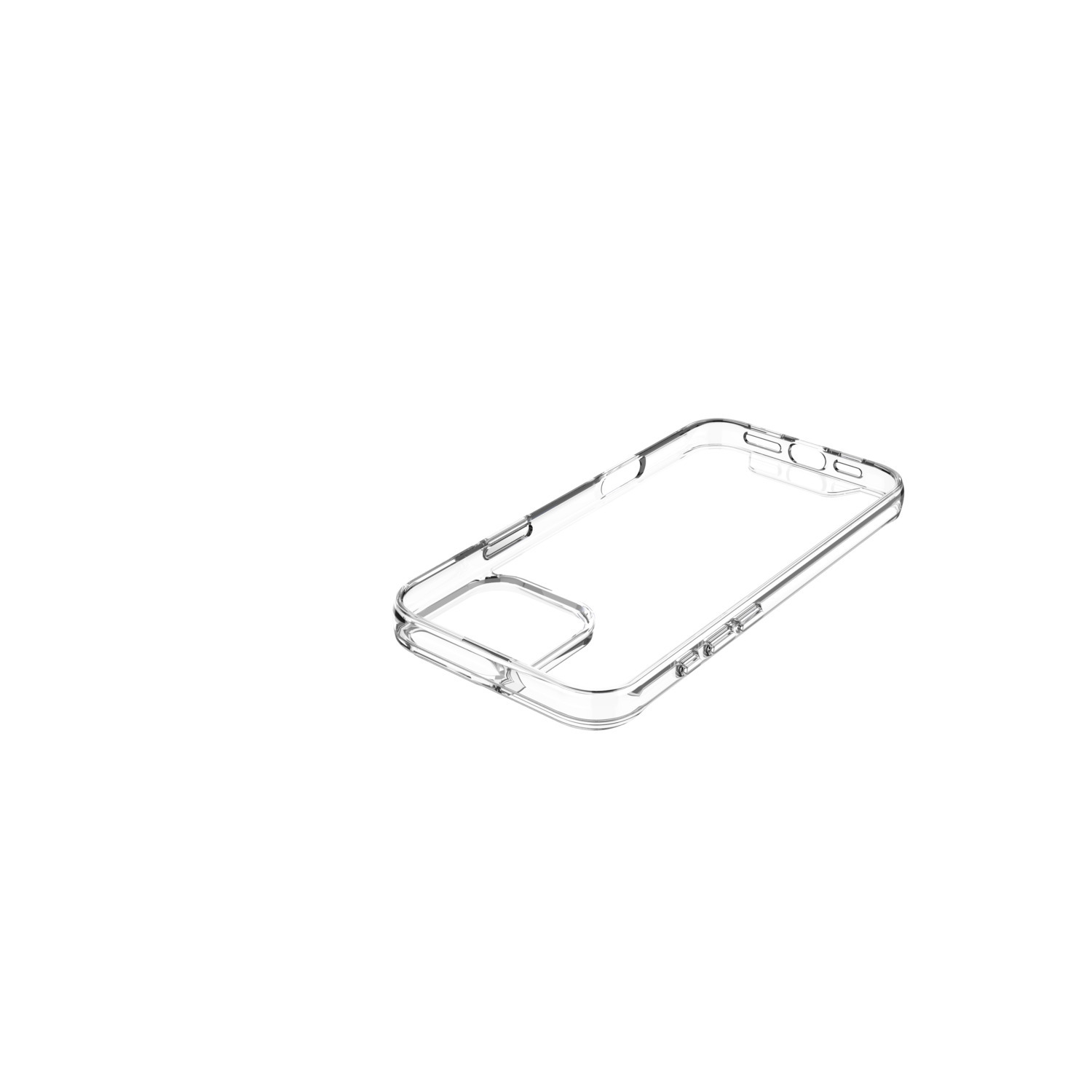 Coque de téléphone transparente, avec découpes pour caméra et boutons. Fond blanc.