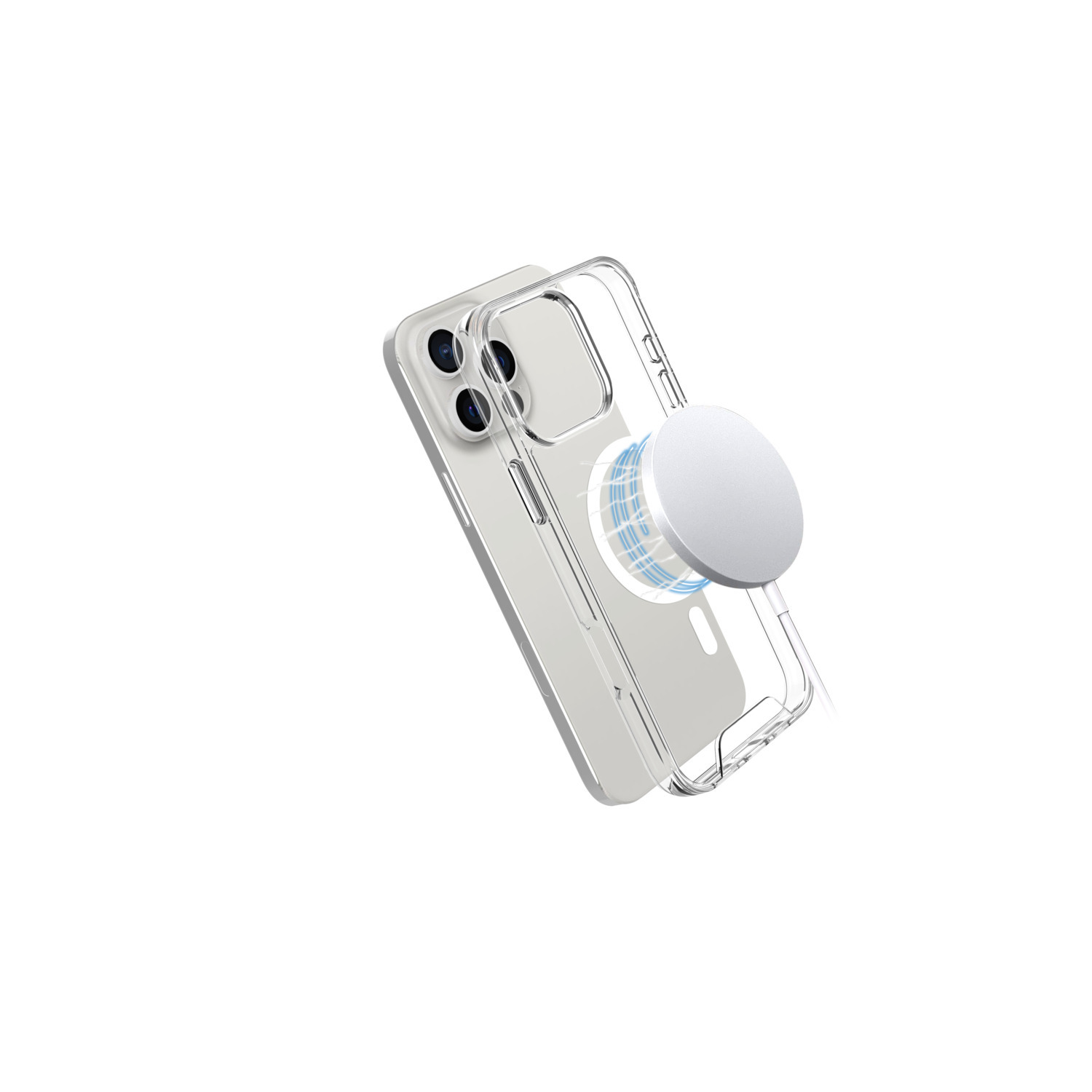 Coque de téléphone transparente avec chargeur MagSafe blanc.