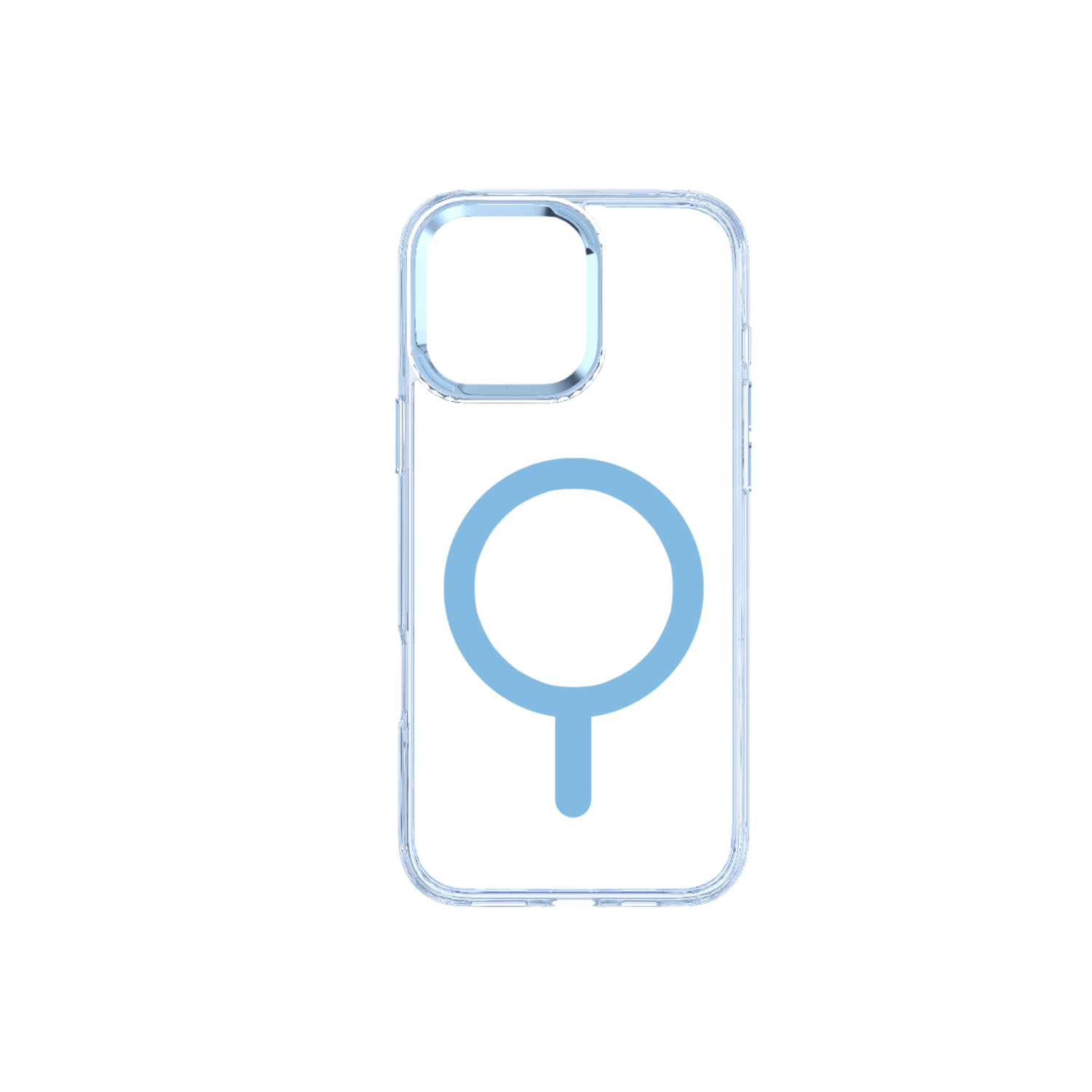 Een doorzichtig telefoonhoesje met een lichtblauw magnetisch ringontwerp.