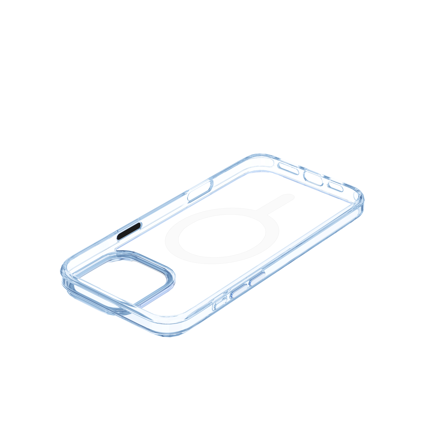 Transparante telefoonhoes. Met cirkelvormig MagSafe-ontwerp. Op witte achtergrond.