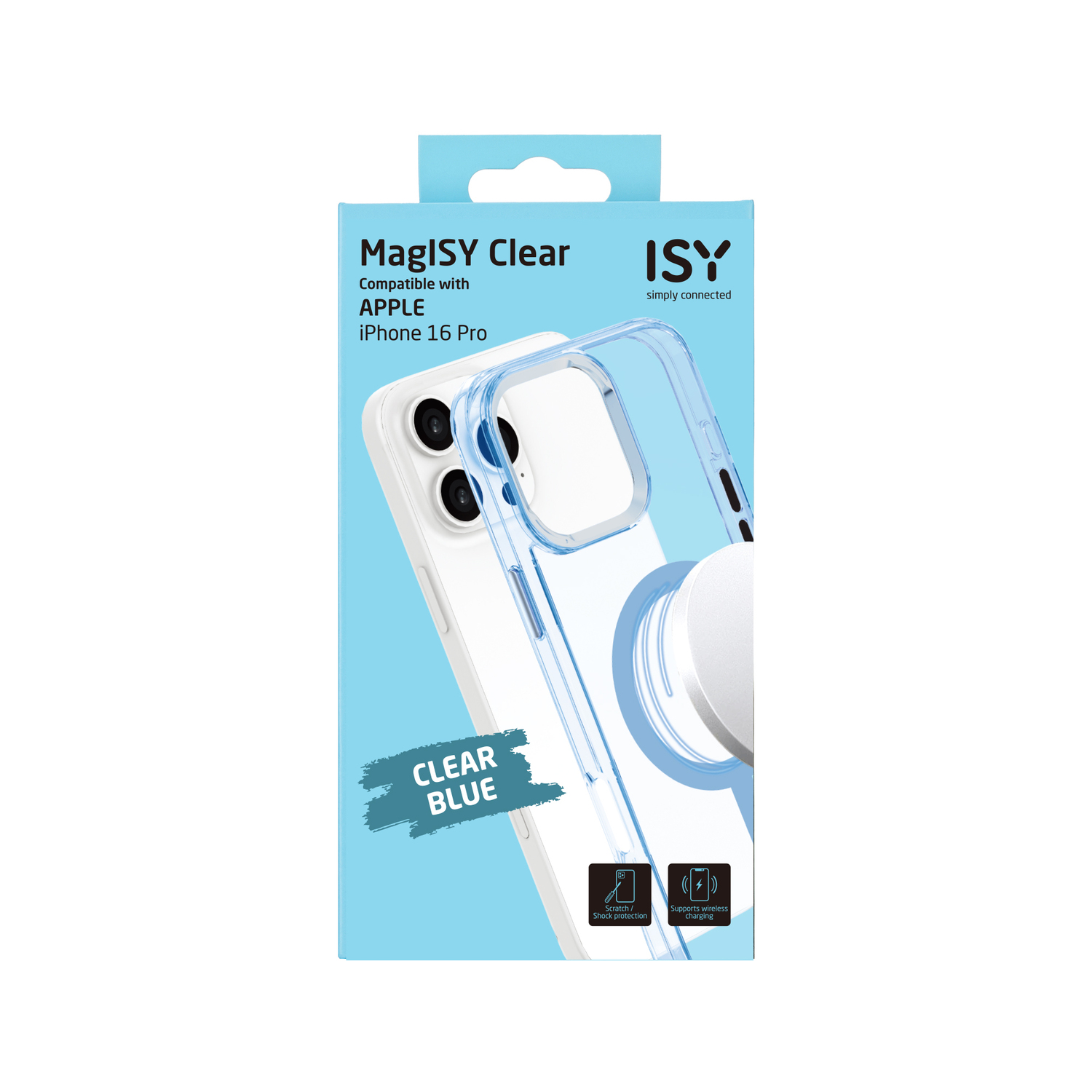 Blauwe telefoonhoesdoos, MaglSY Clear, voor iPhone 16 Pro. Transparante hoes zichtbaar. Witte achtergrond.